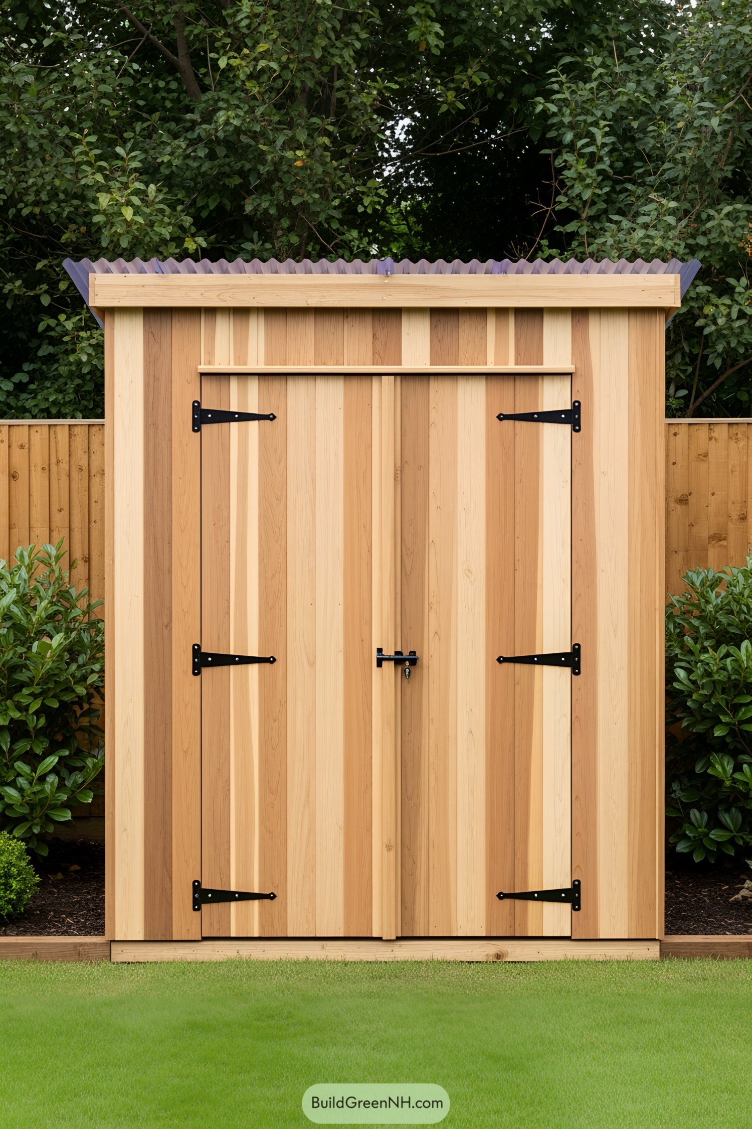 Wooden bin shed in a garden setting