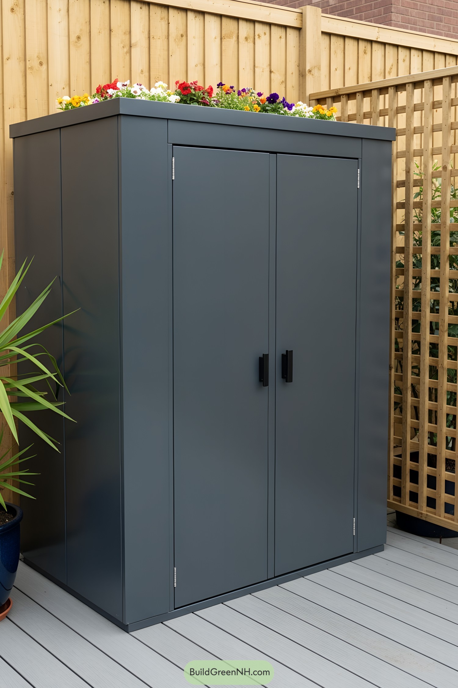 Stylish bin shed with floral roof