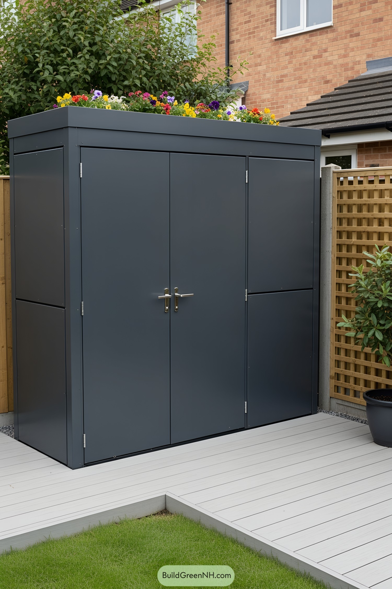 Sleek bin shed with a vibrant floral roof