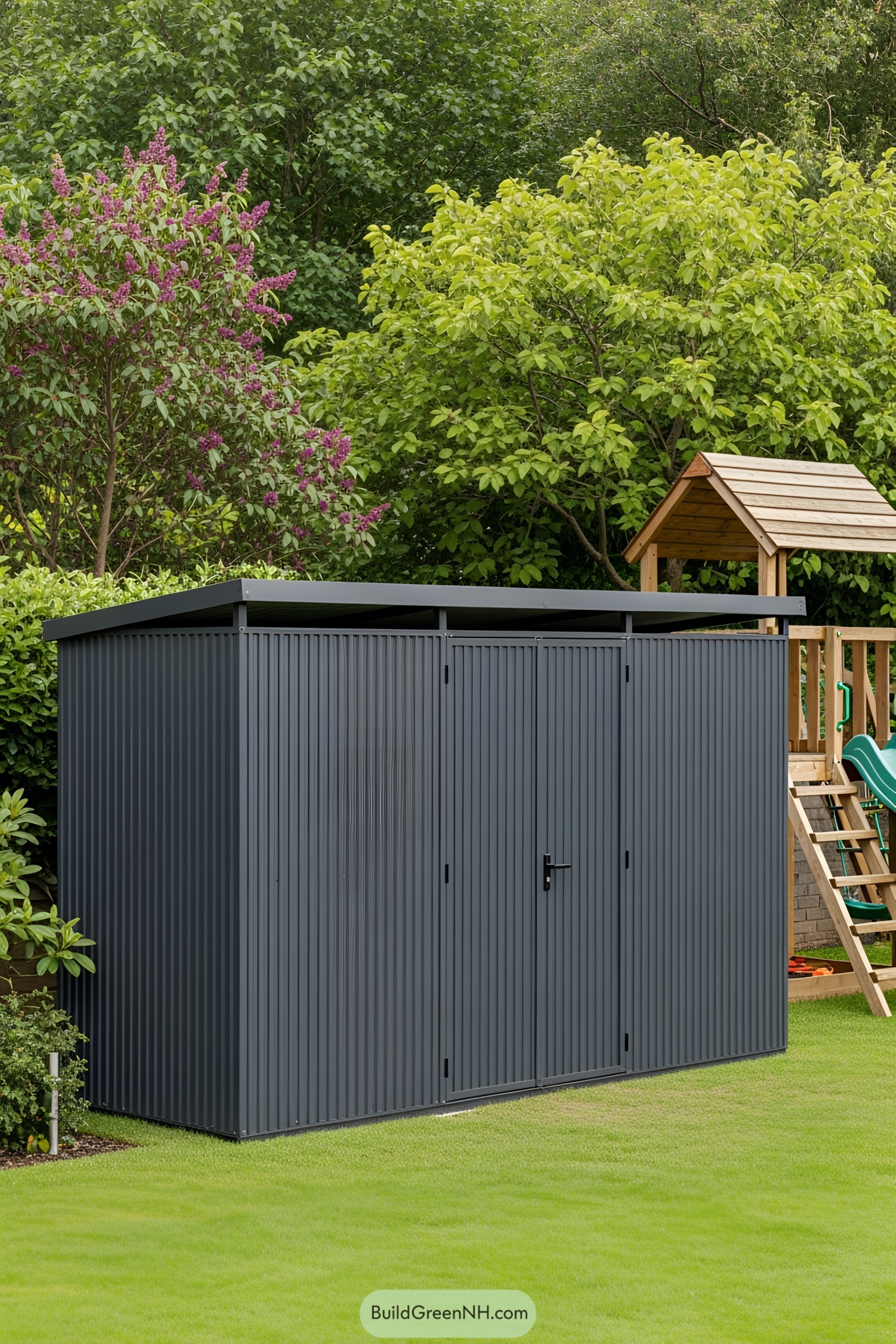 Modern gray metal bin shed in a garden setting