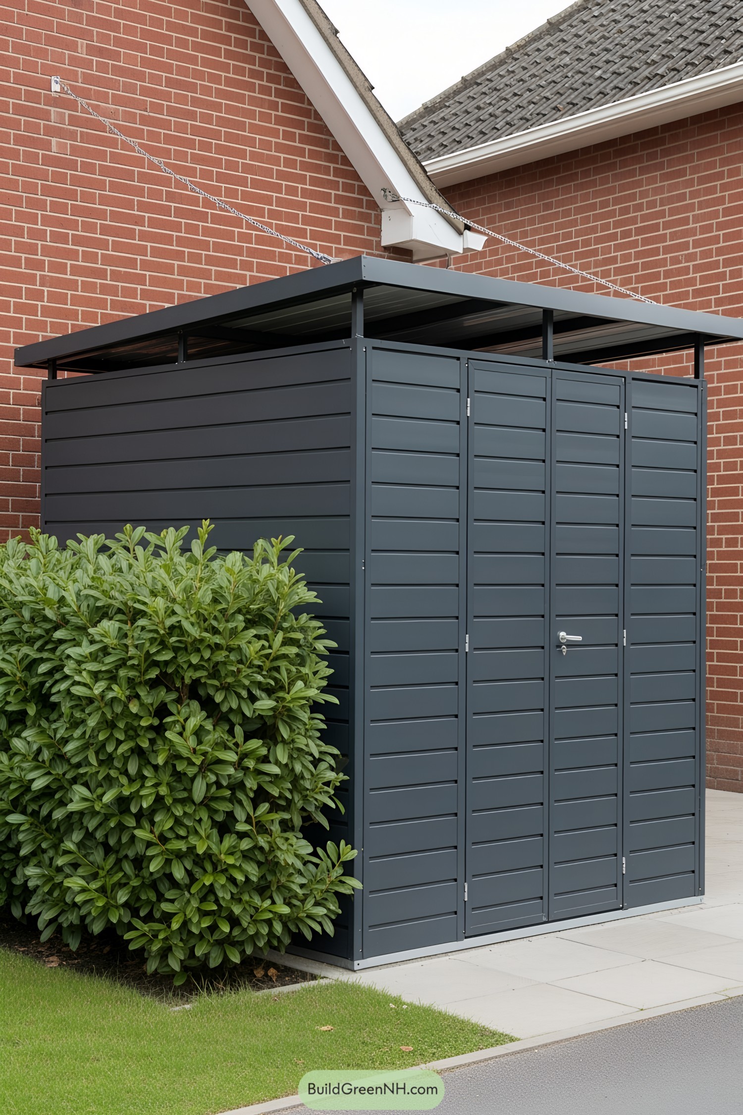 Sleek gray bin shed beside a red-brick house