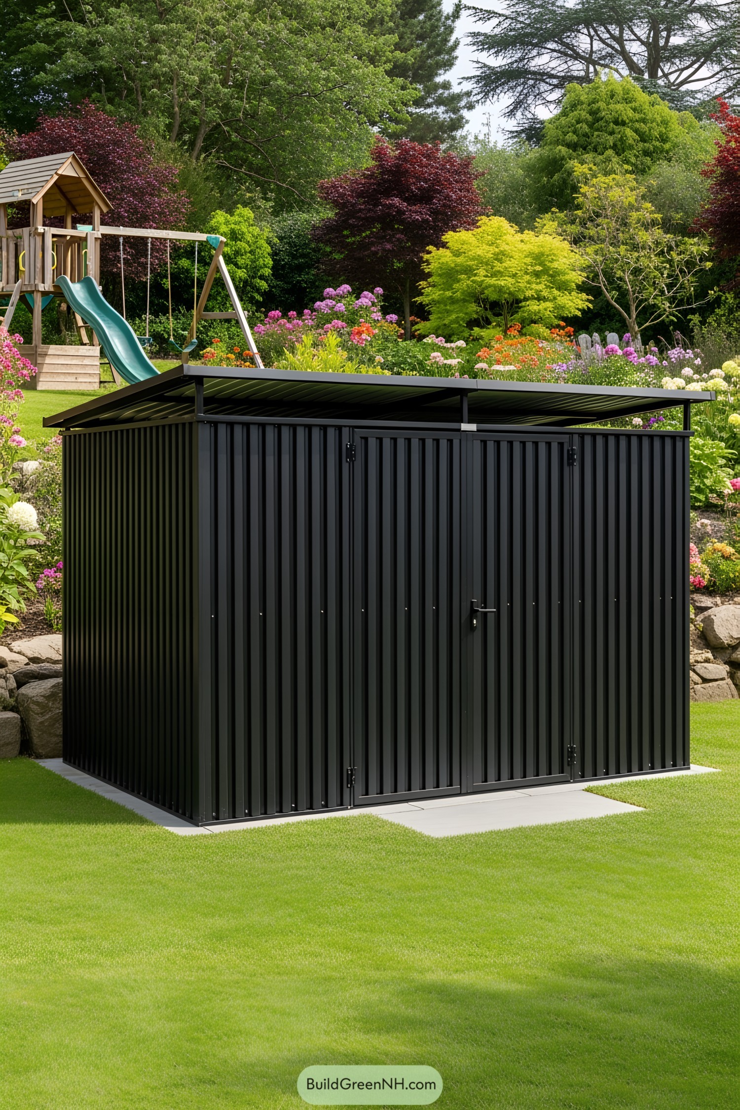 Black bin shed on vibrant green lawn with colorful garden in background