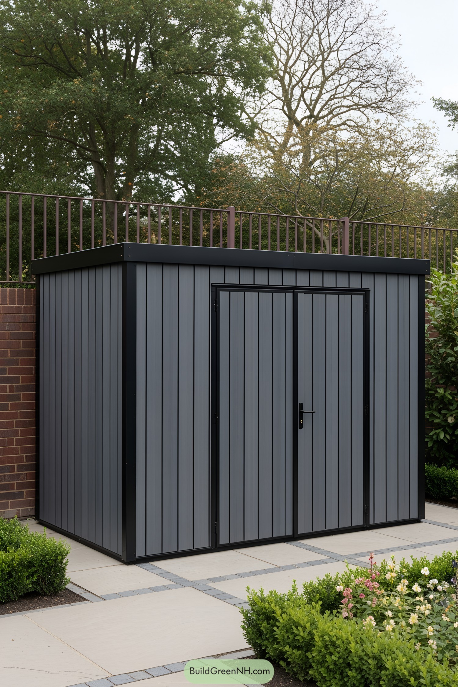 Gray bin shed surrounded by greenery