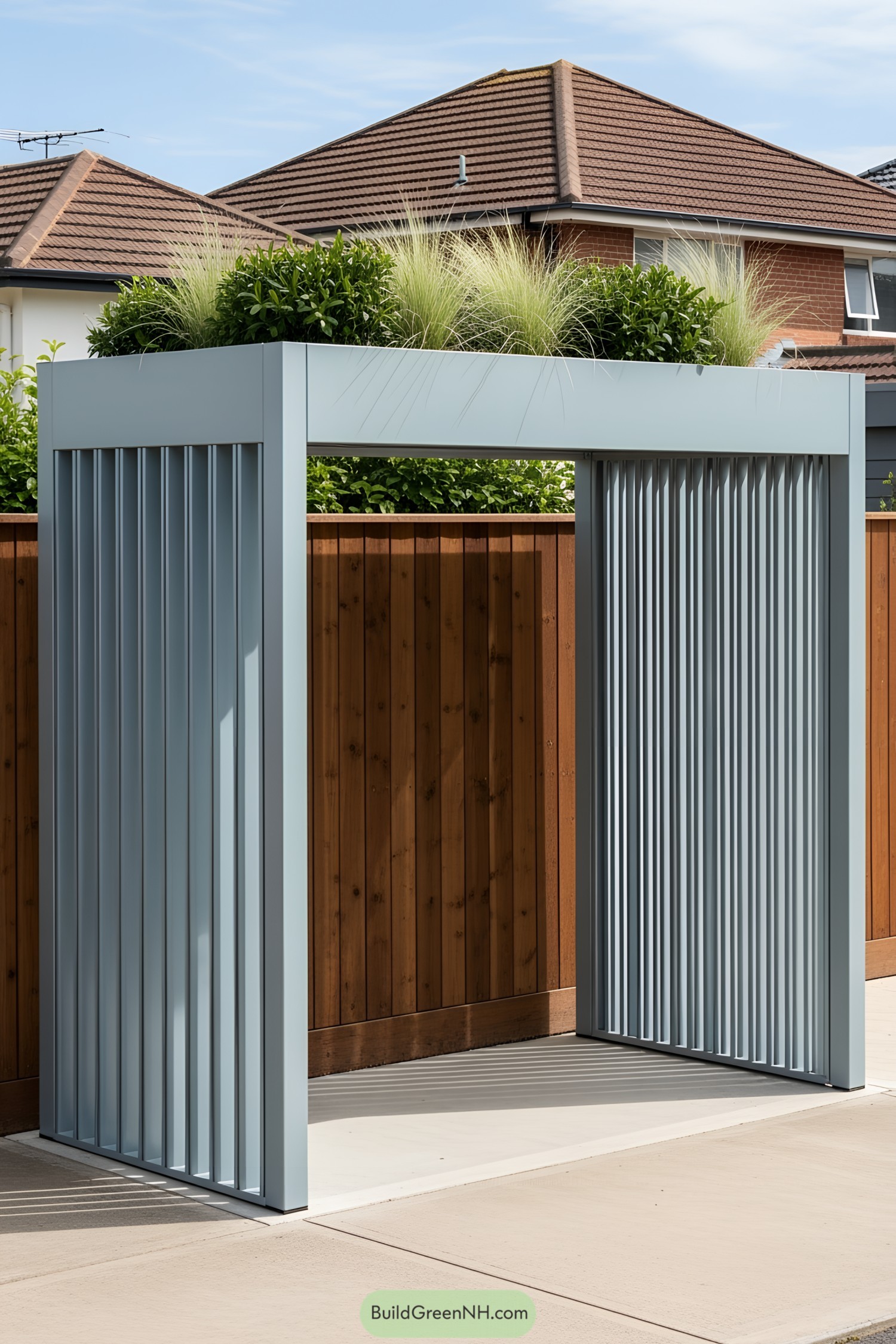 Sleek bin shed with green plants on top