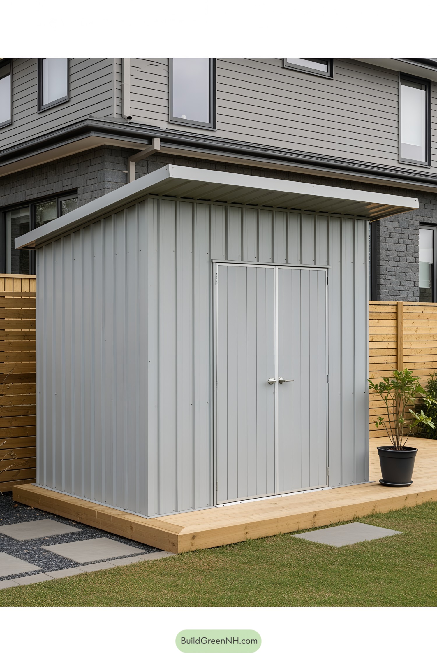 A sleek, gray metal bin shed near a modern house