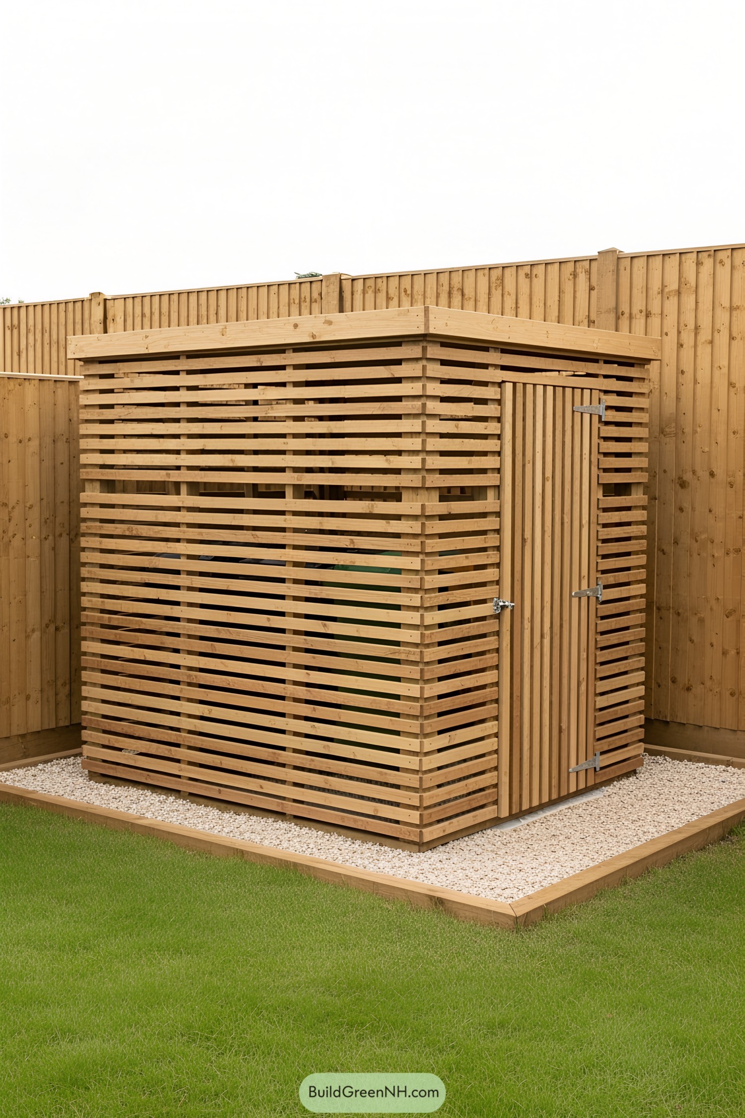 Compact wooden bin shed with slatted design