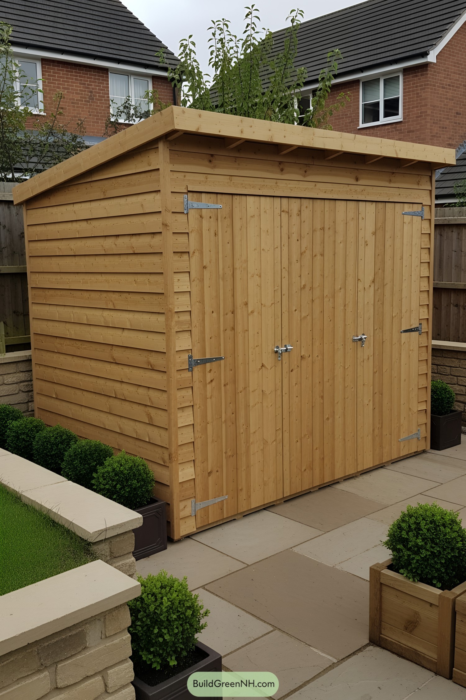 Wooden bin shed in a backyard setting