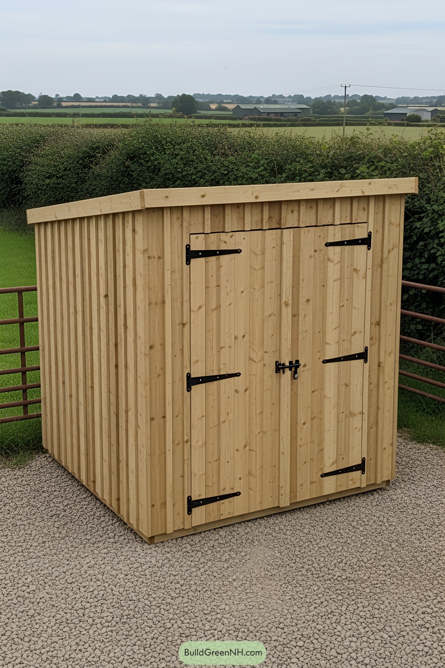 Wooden bin shed with a pitched roof on a gravel path