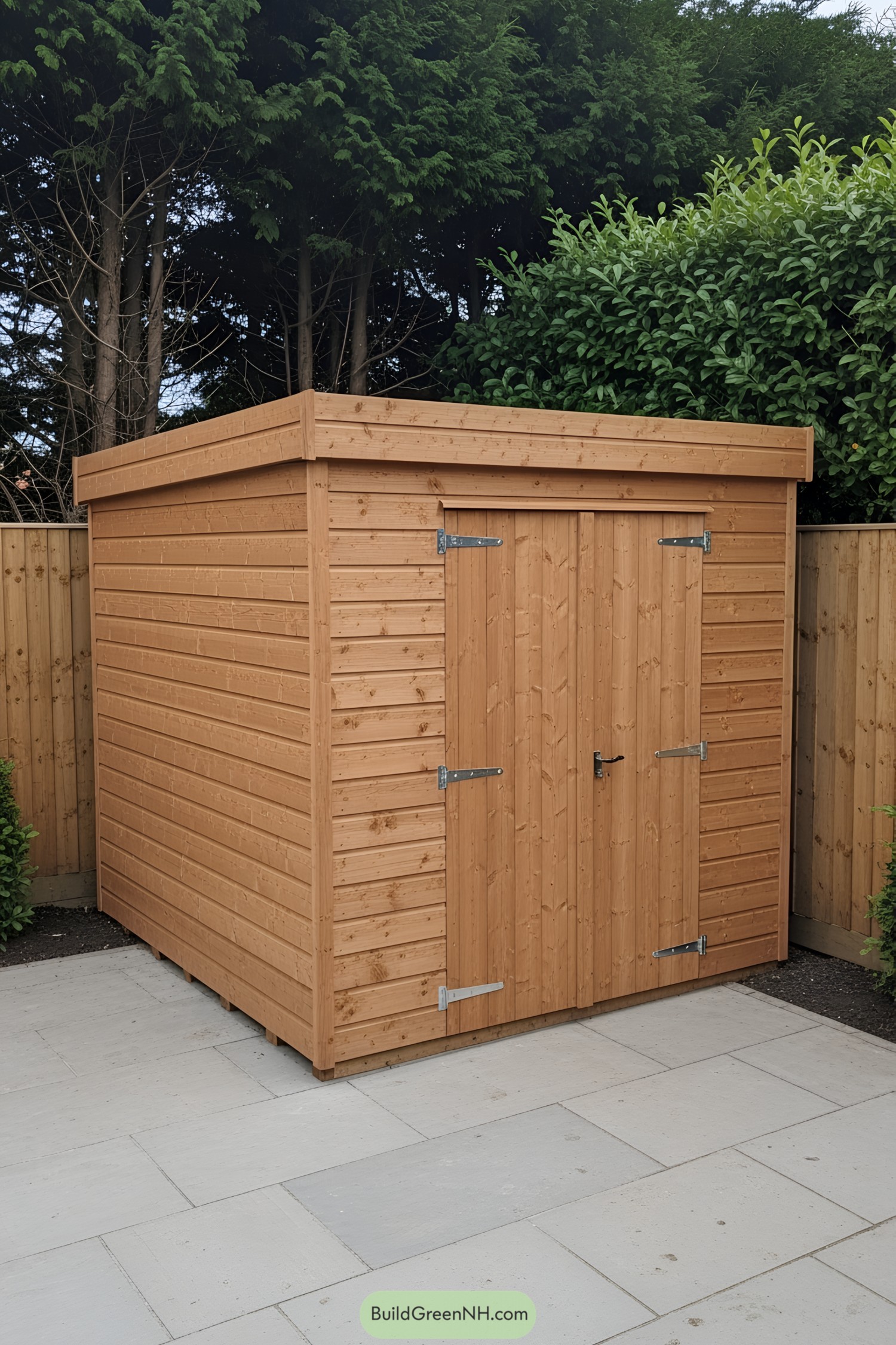 Wooden bin shed with a flat roof, nestled in a garden