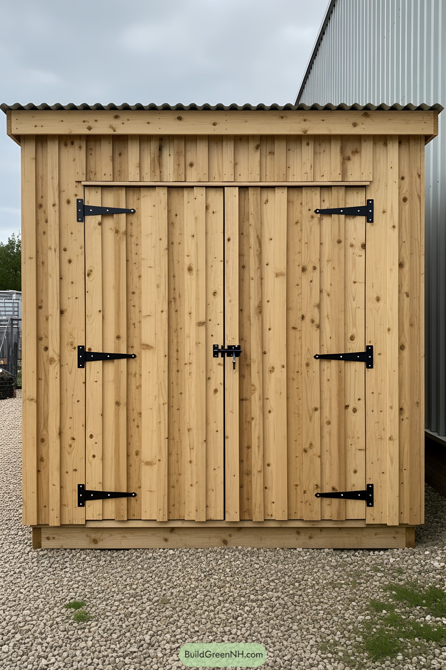 Wooden bin shed with double doors and metal hinges