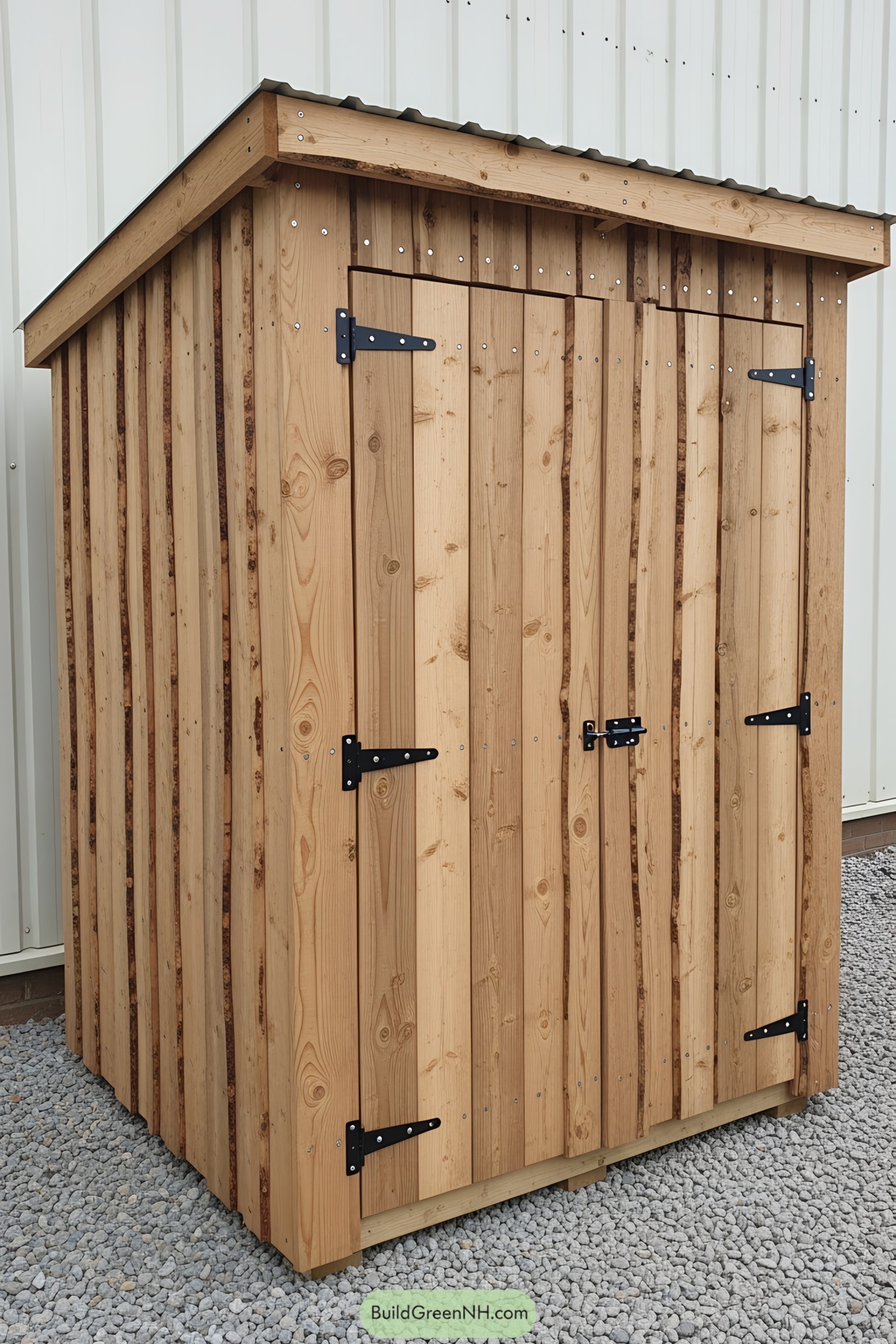 Wooden bin shed with metal hinges