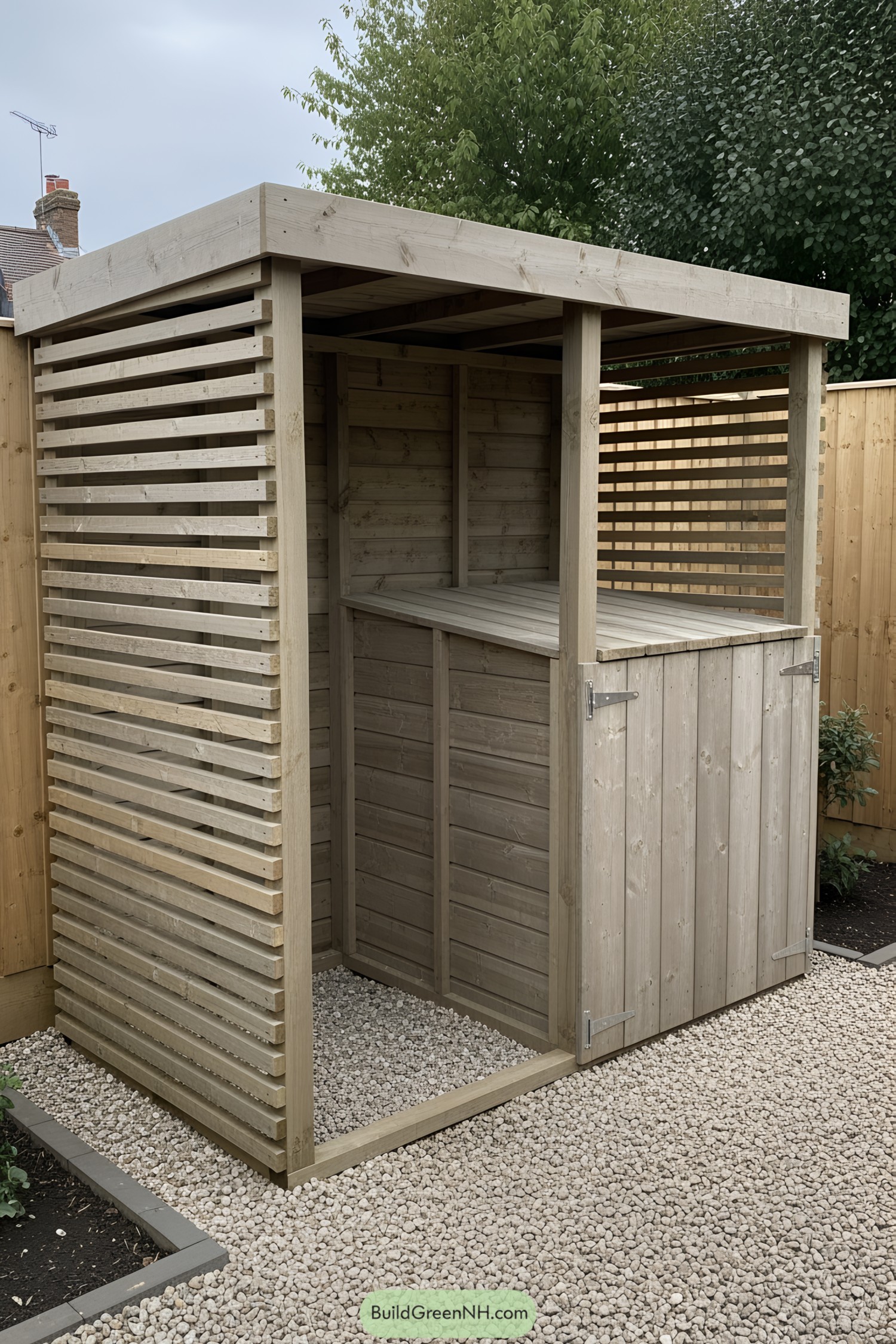 Wooden bin shed with slatted design