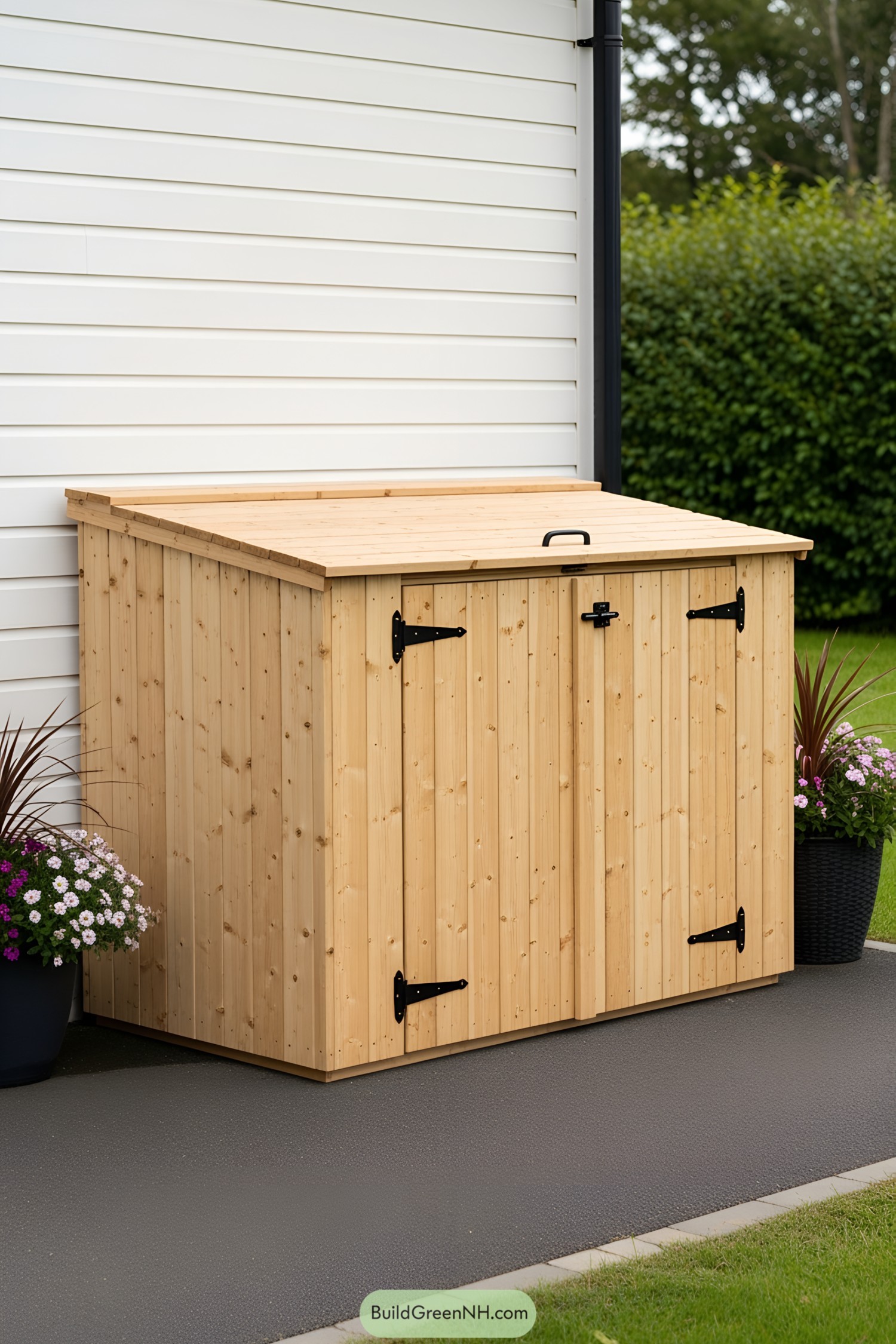Wooden bin shed with flowers beside a white wall