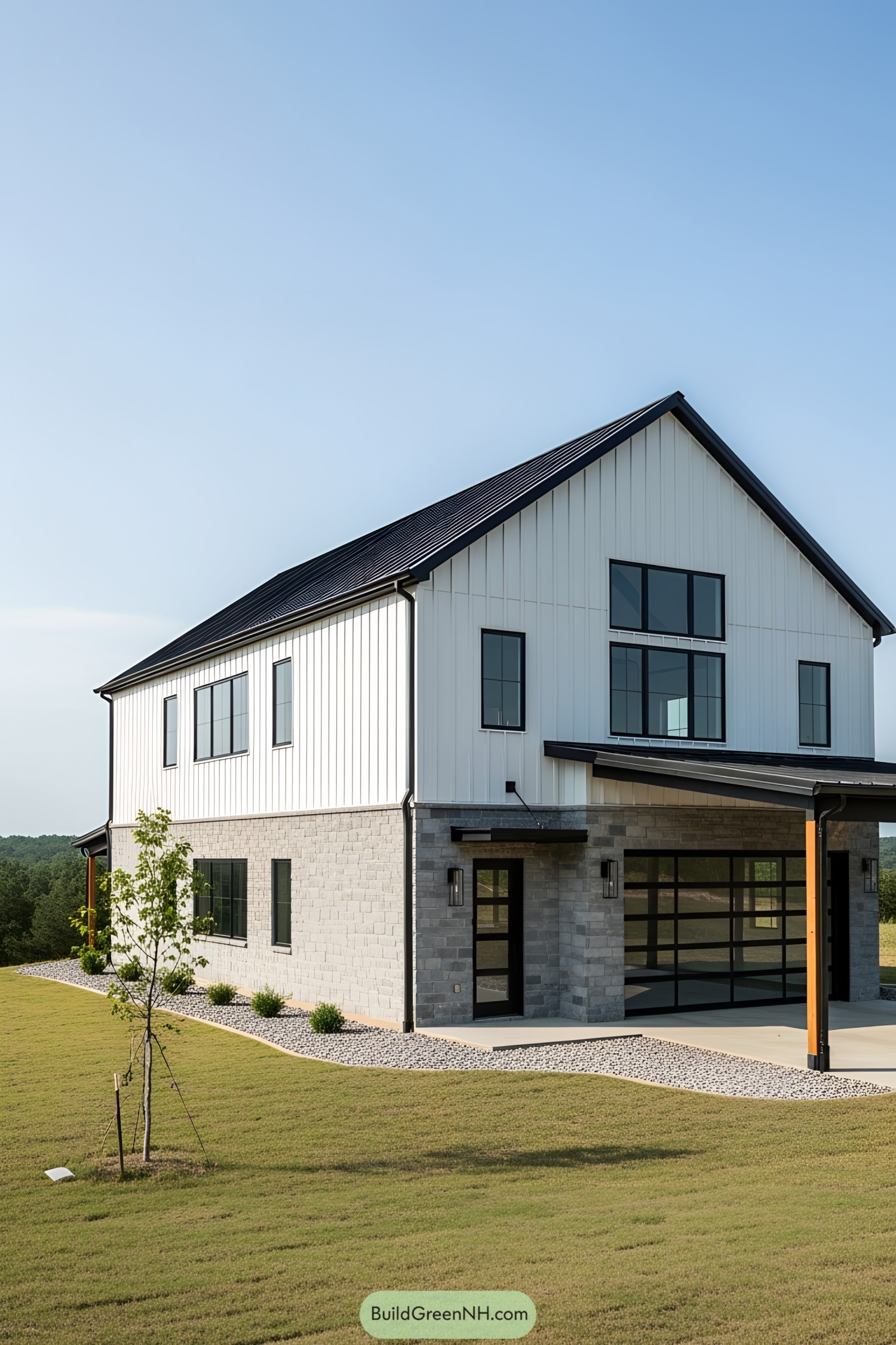 Black and white barndominium with modern features