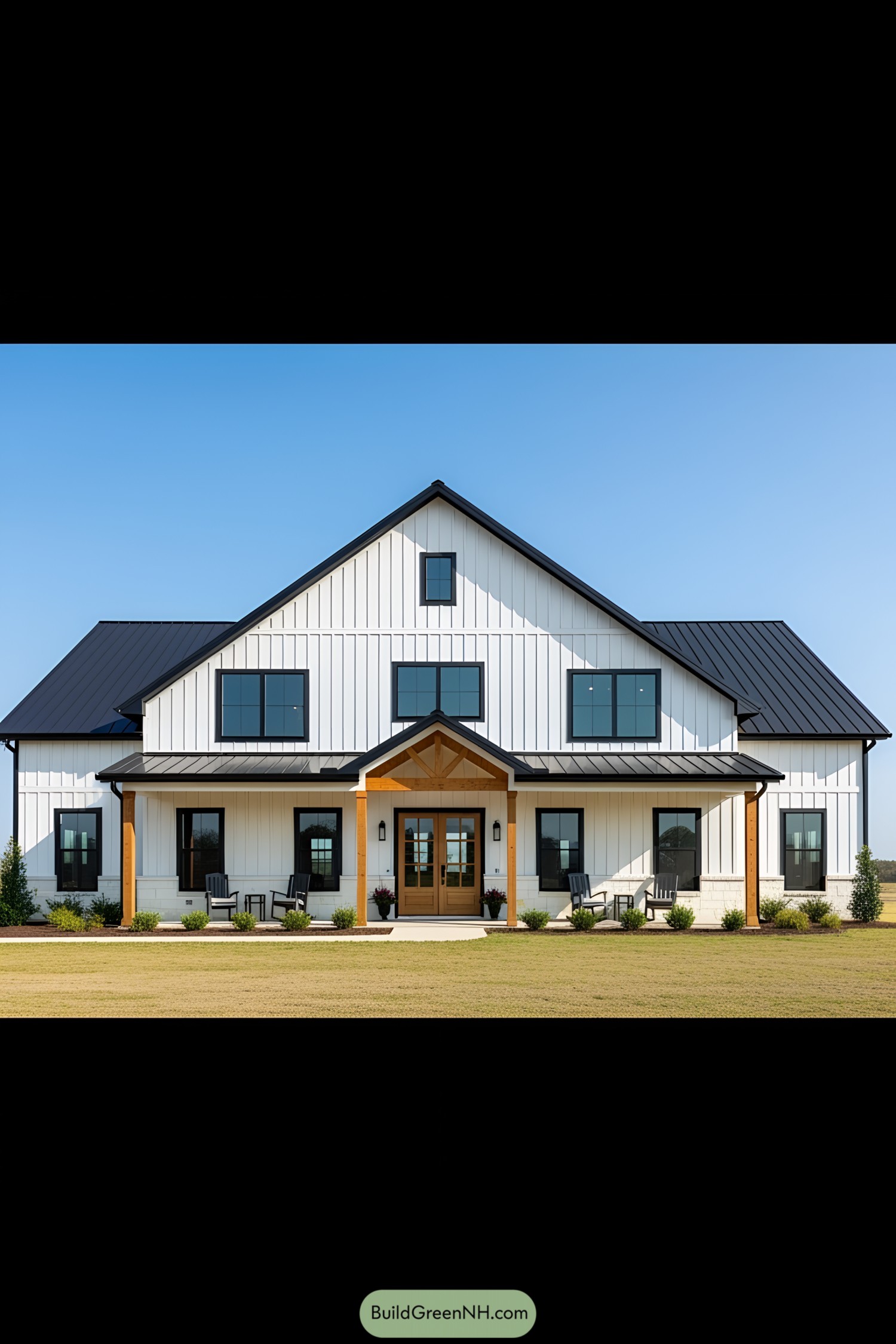Stunning black-roofed barndominium with wooden accents