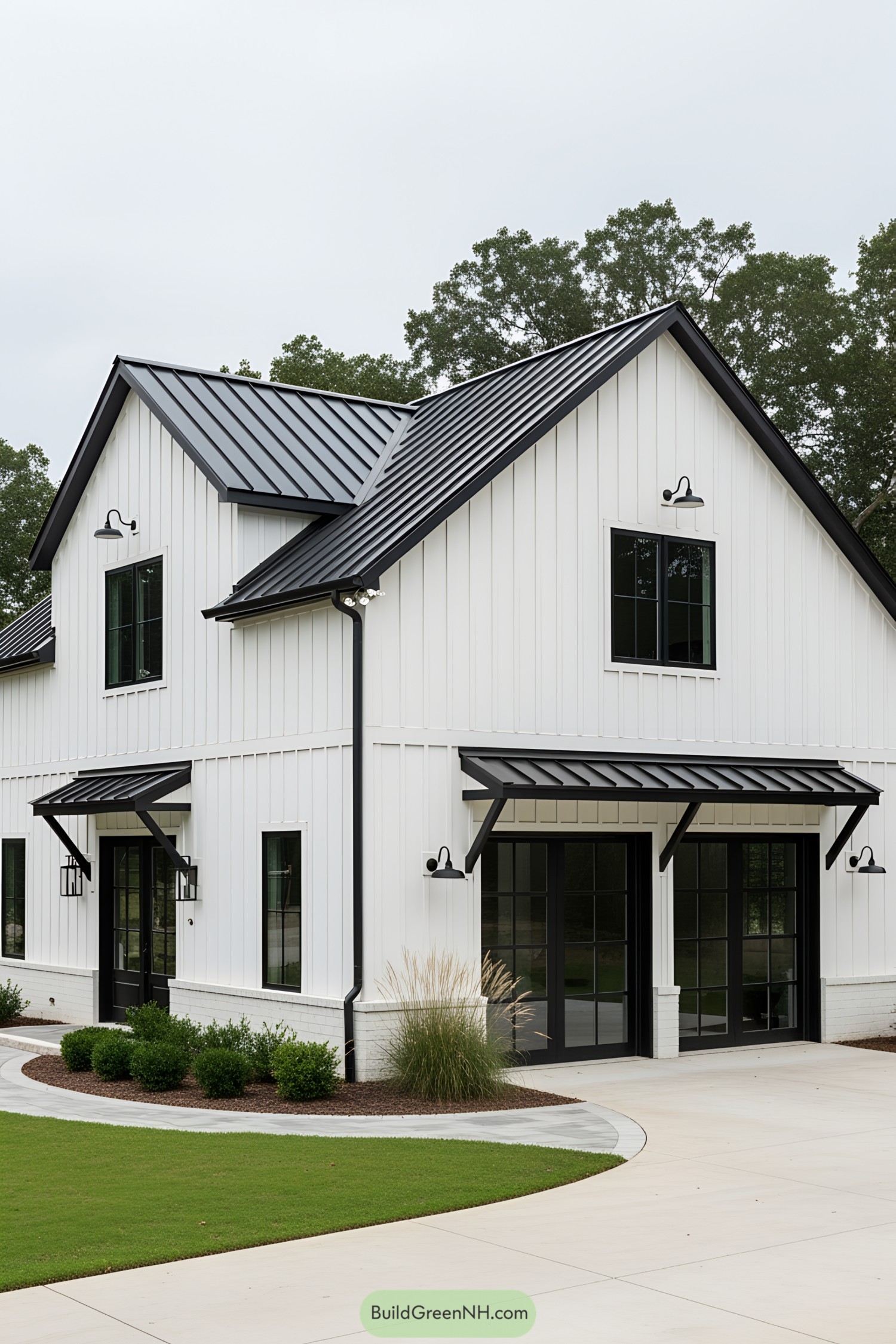 Black and white barndominium with modern details