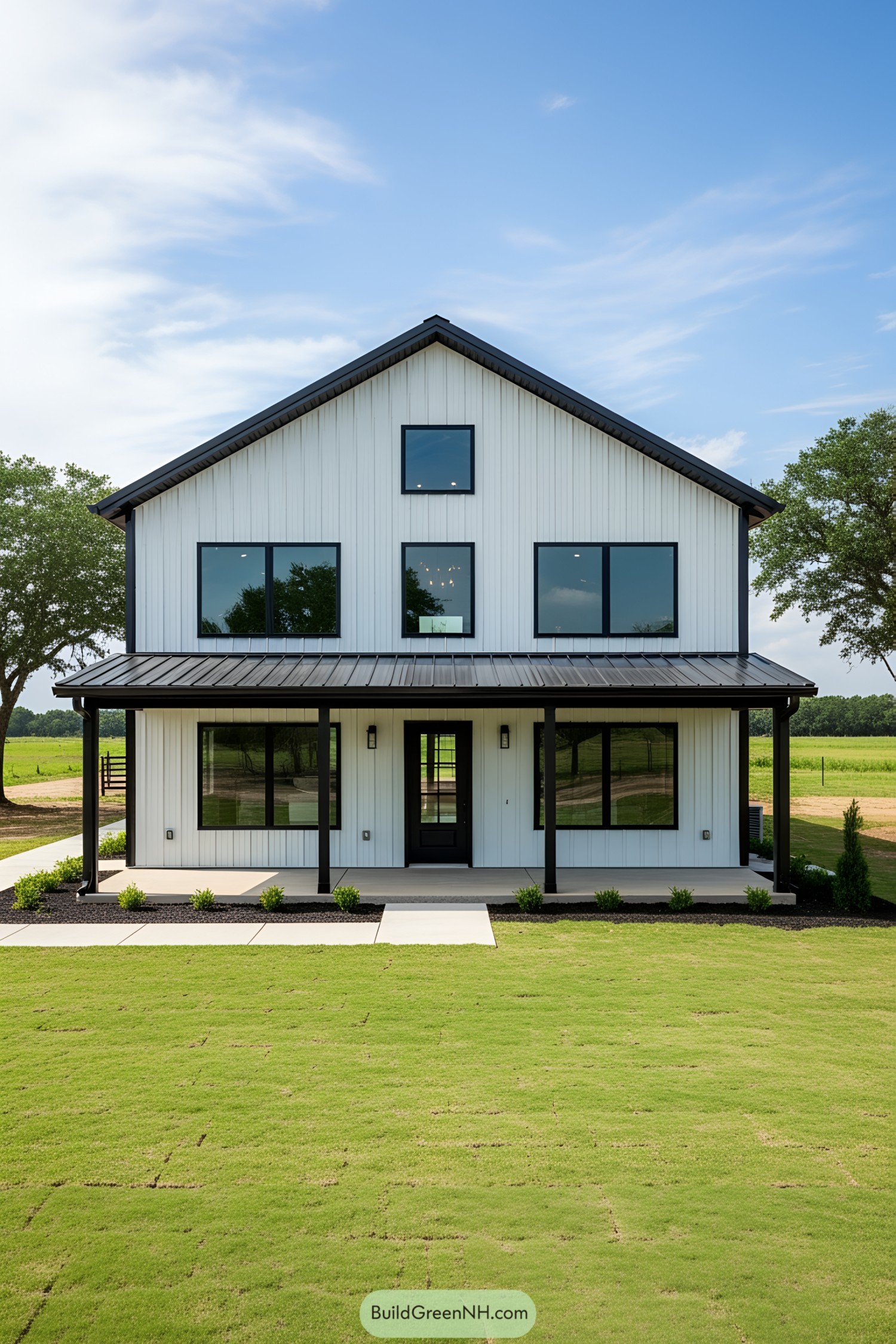 Modern black-and-white barndominium with large windows