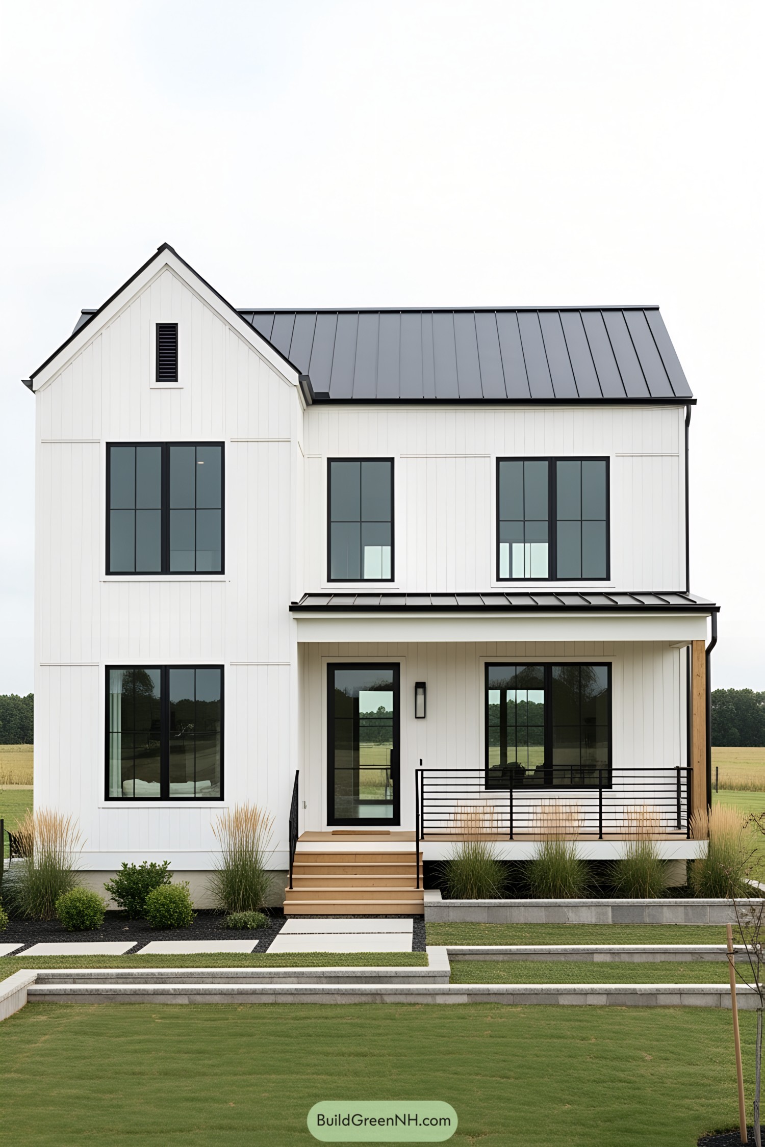 Modern farmhouse with black windows and a white exterior