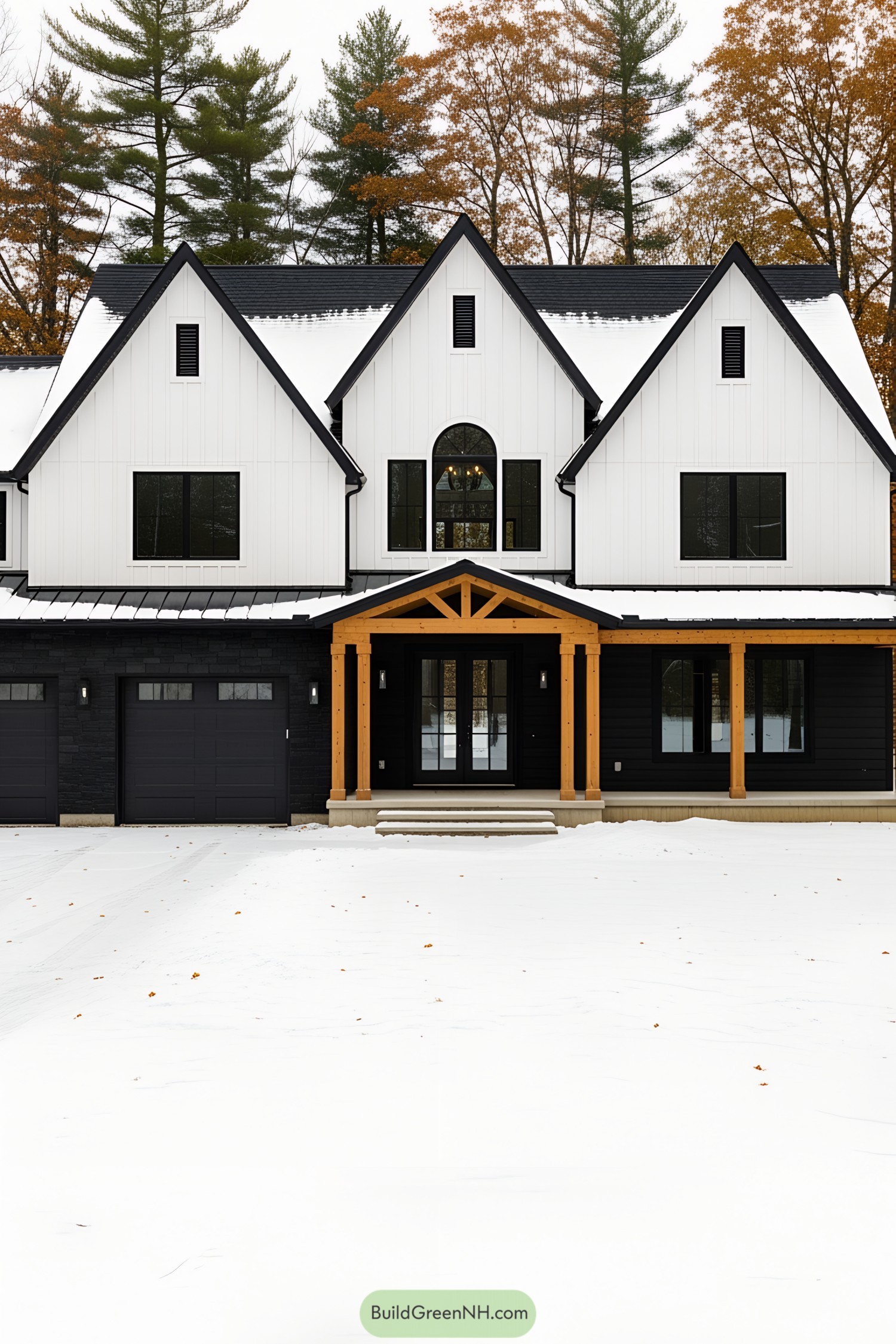 Modern black and white farmhouse with wood accents