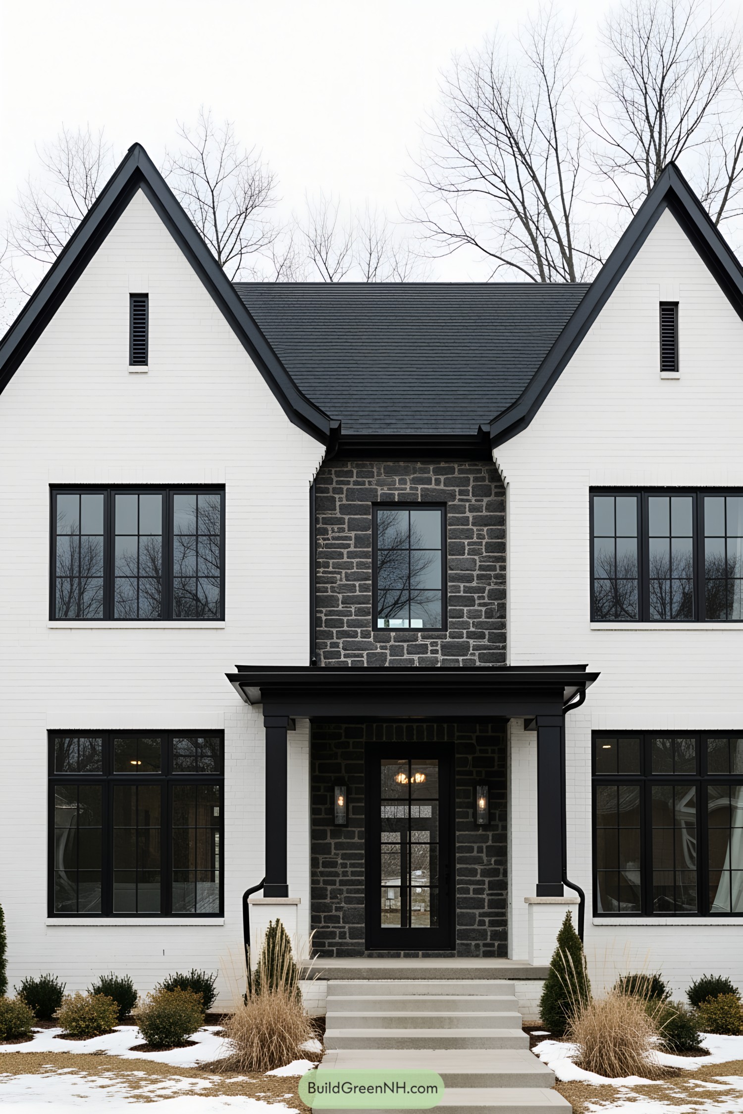 Modern black and white farmhouse with geometric design