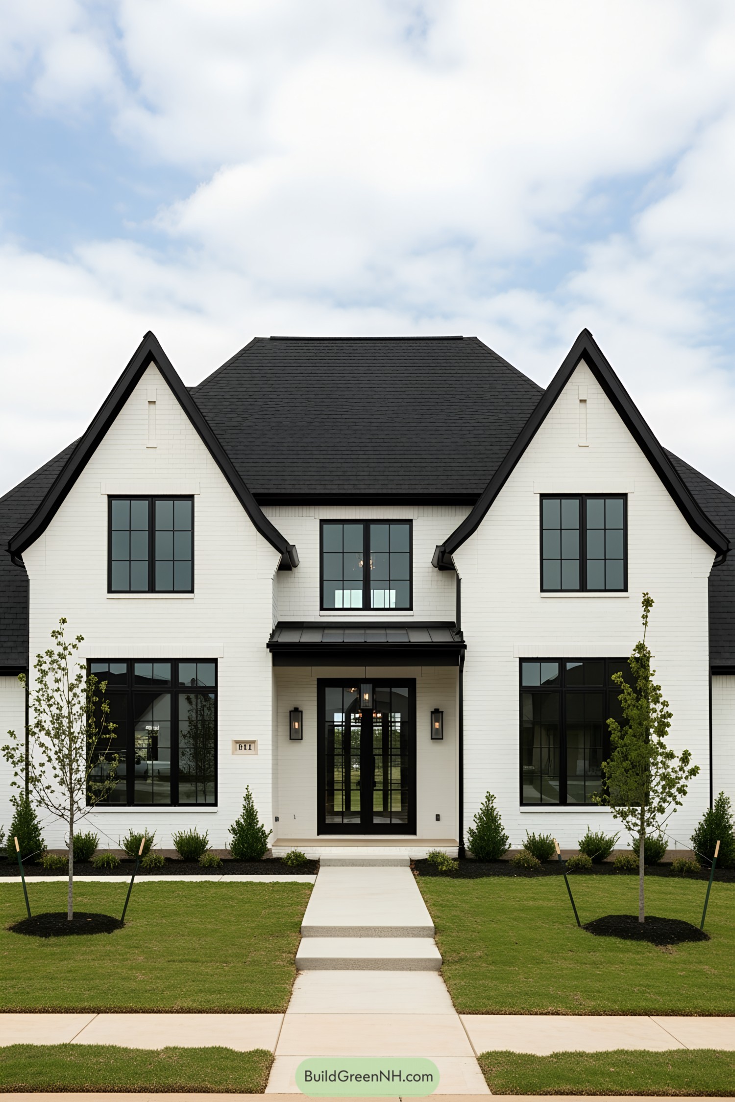 White farmhouse with black roof and windows
