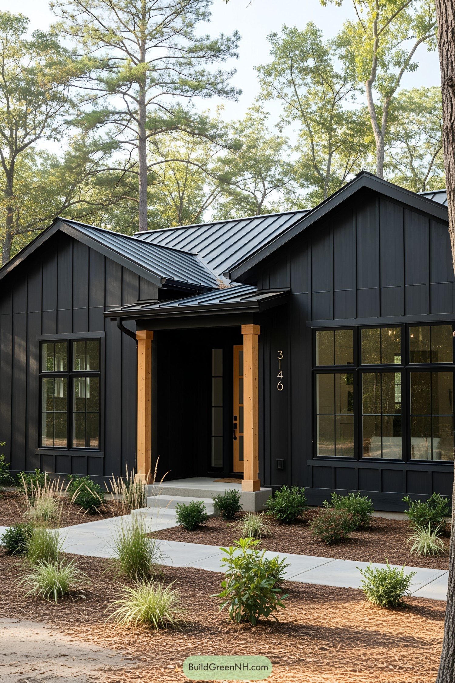 Black ranch house surrounded by greenery