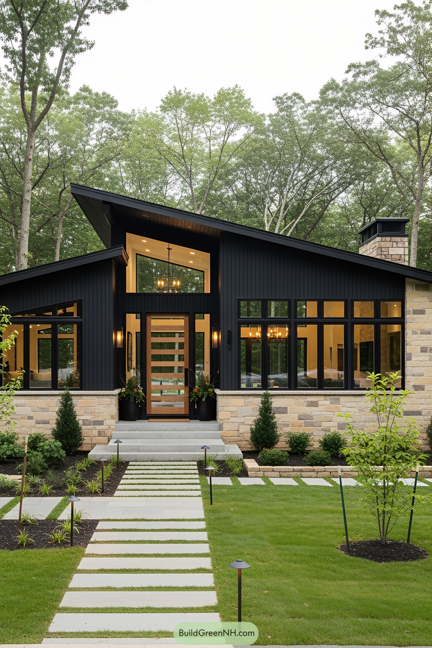 Black ranch house with tall windows and greenery
