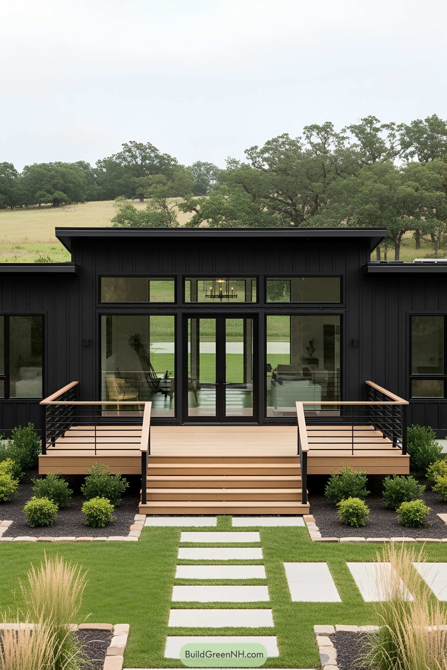A modern black ranch house with large windows