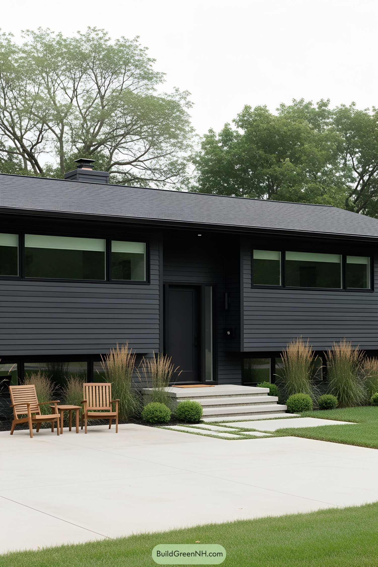 Black ranch house with large windows and a sleek patio