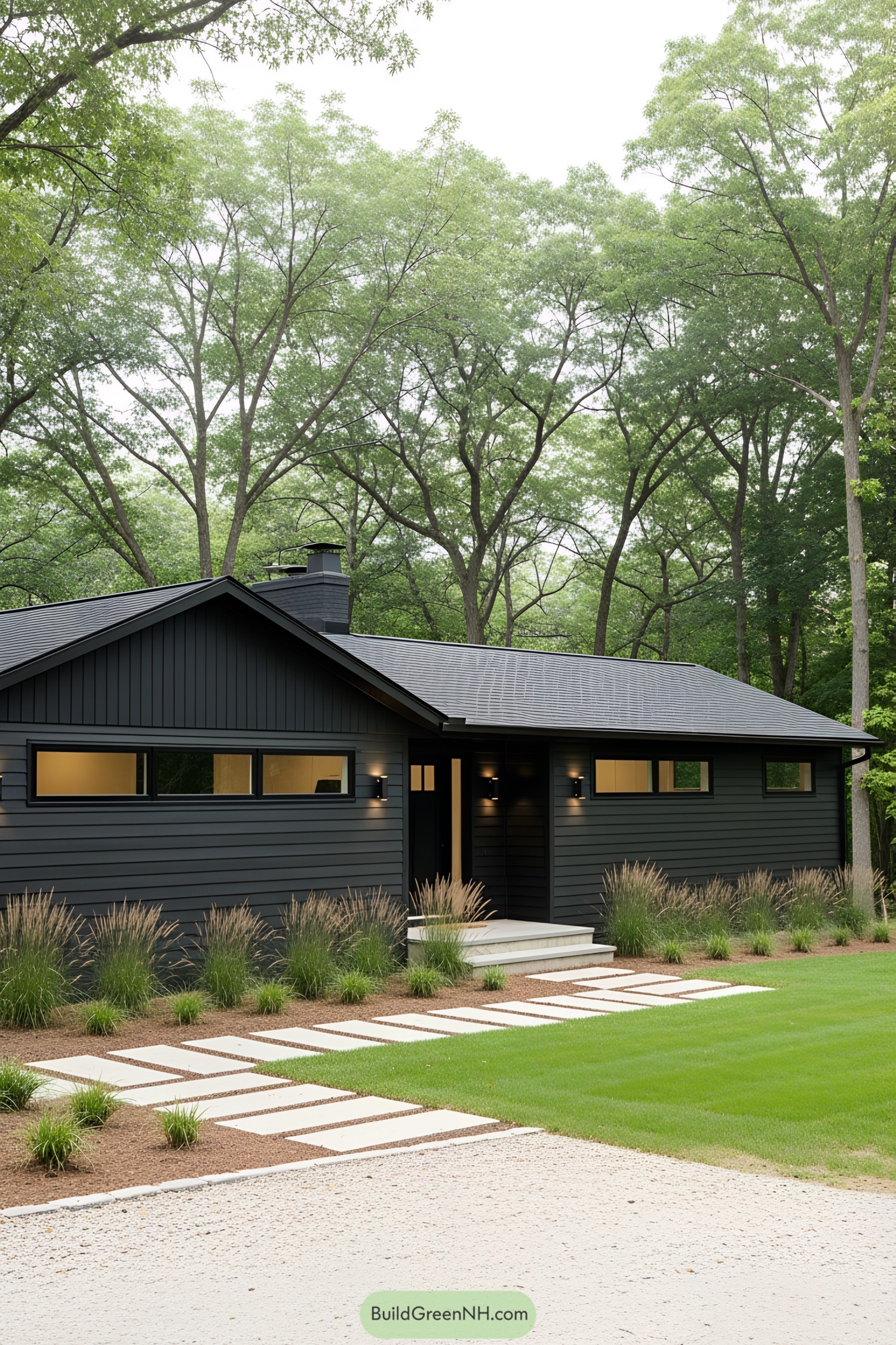 Modern black ranch house with lush greenery
