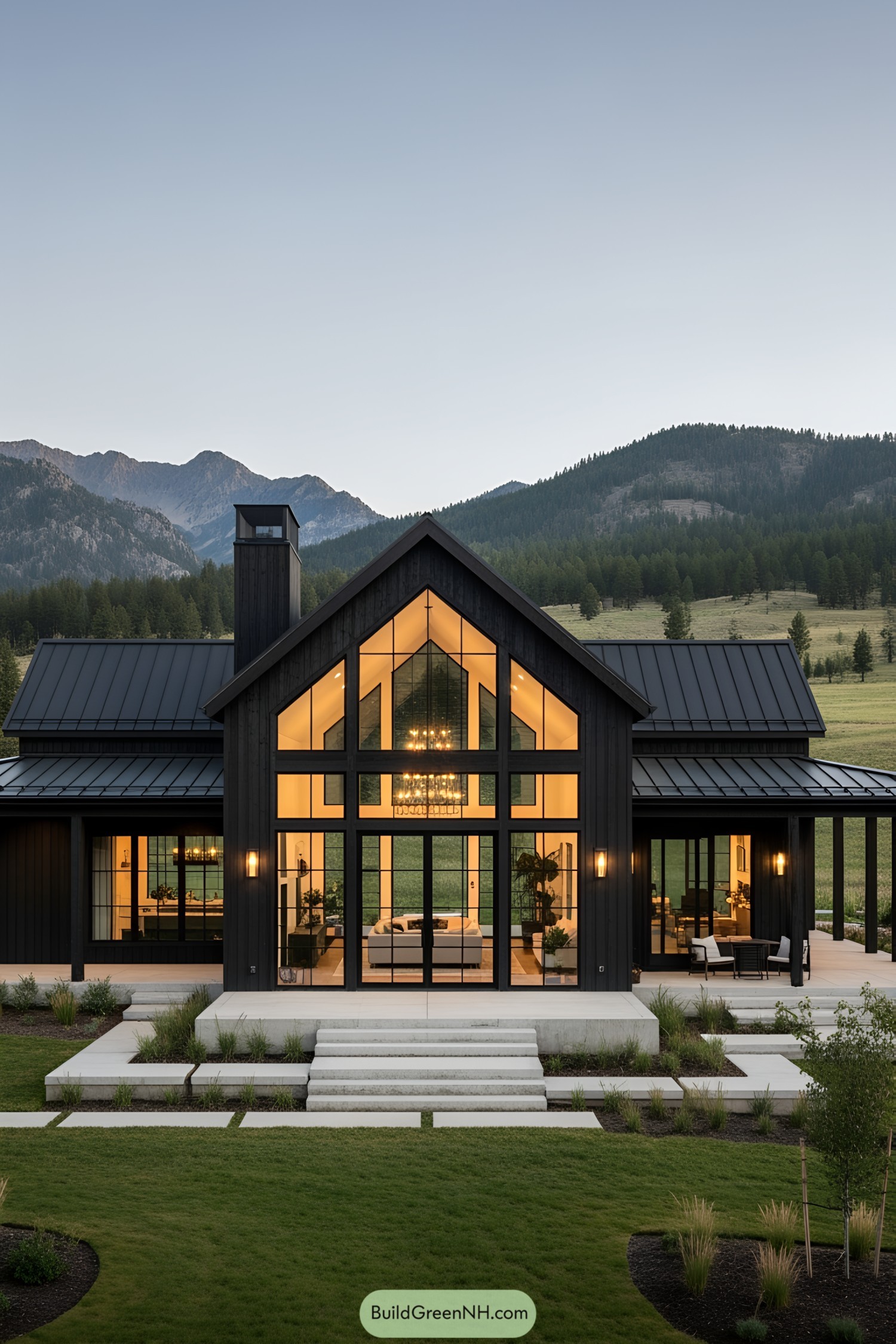 Elegant black ranch house with tall windows and lush surroundings