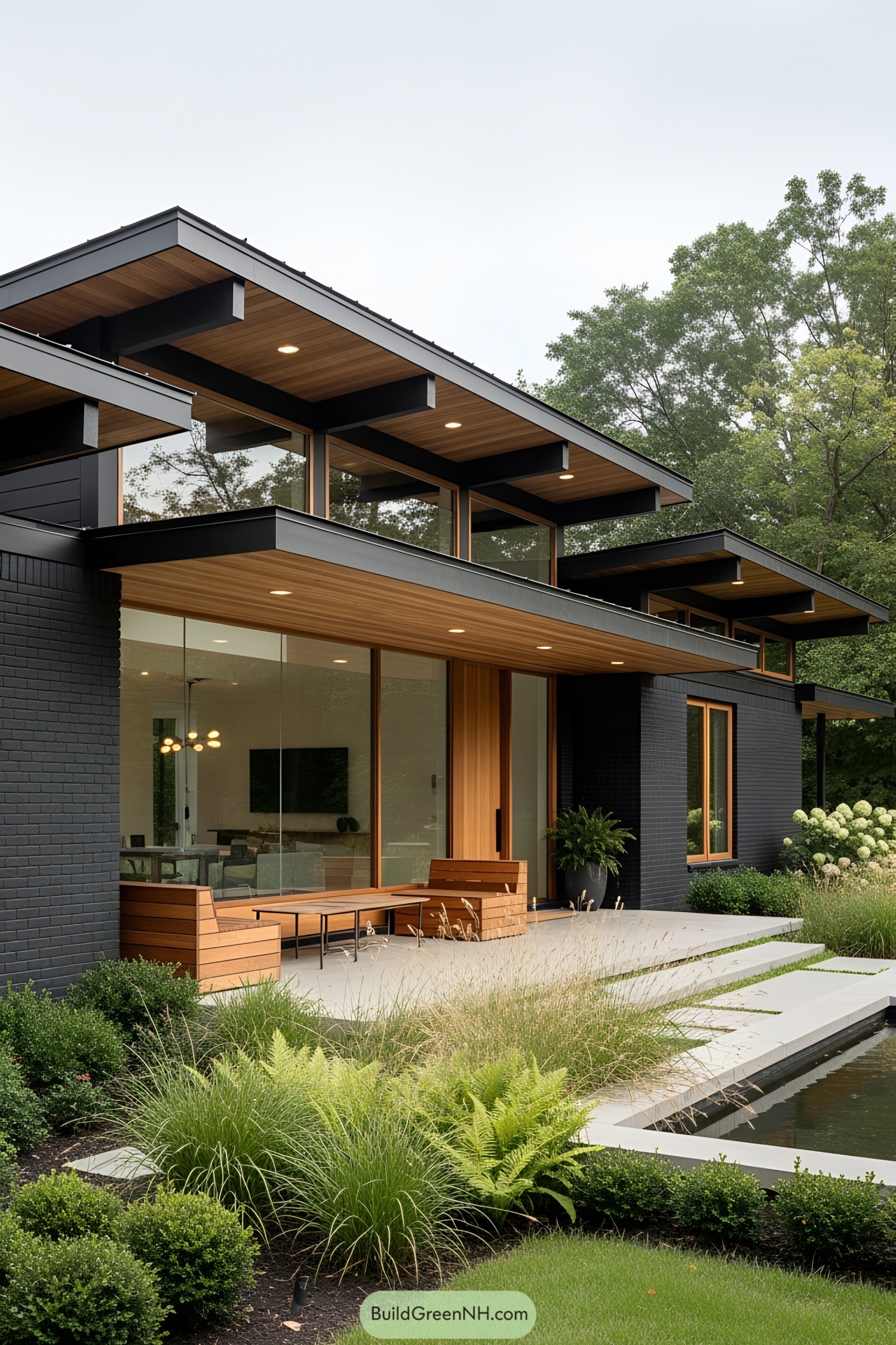 Black ranch house with modern design and lush landscaping