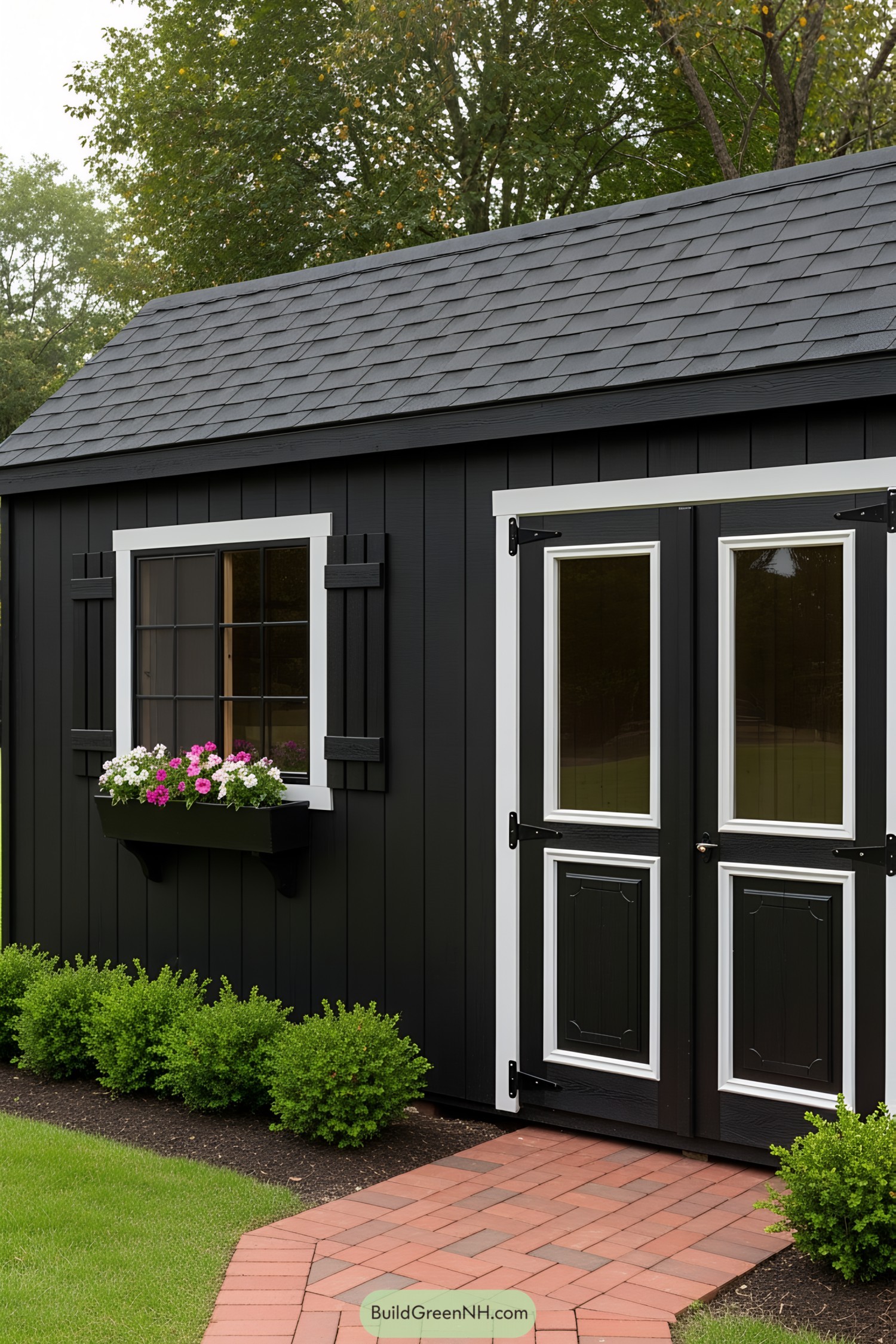 A sleek black shed with white trim and flowering window box