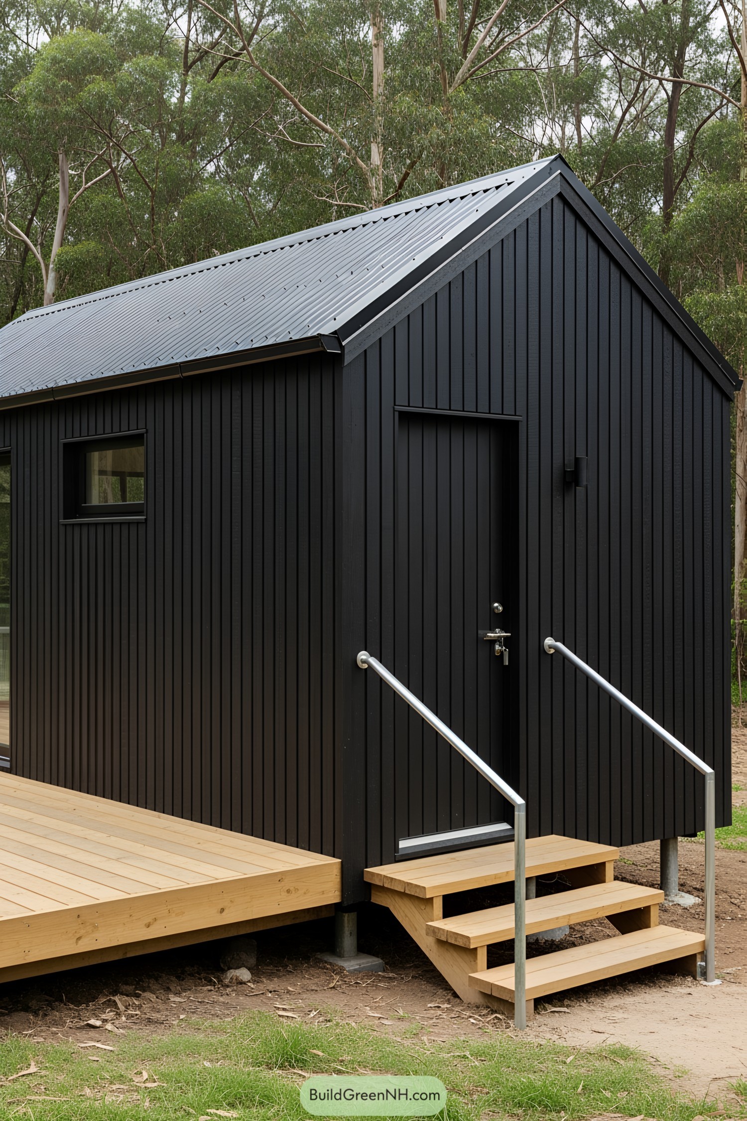 Compact black shed with metal roof and wooden deck