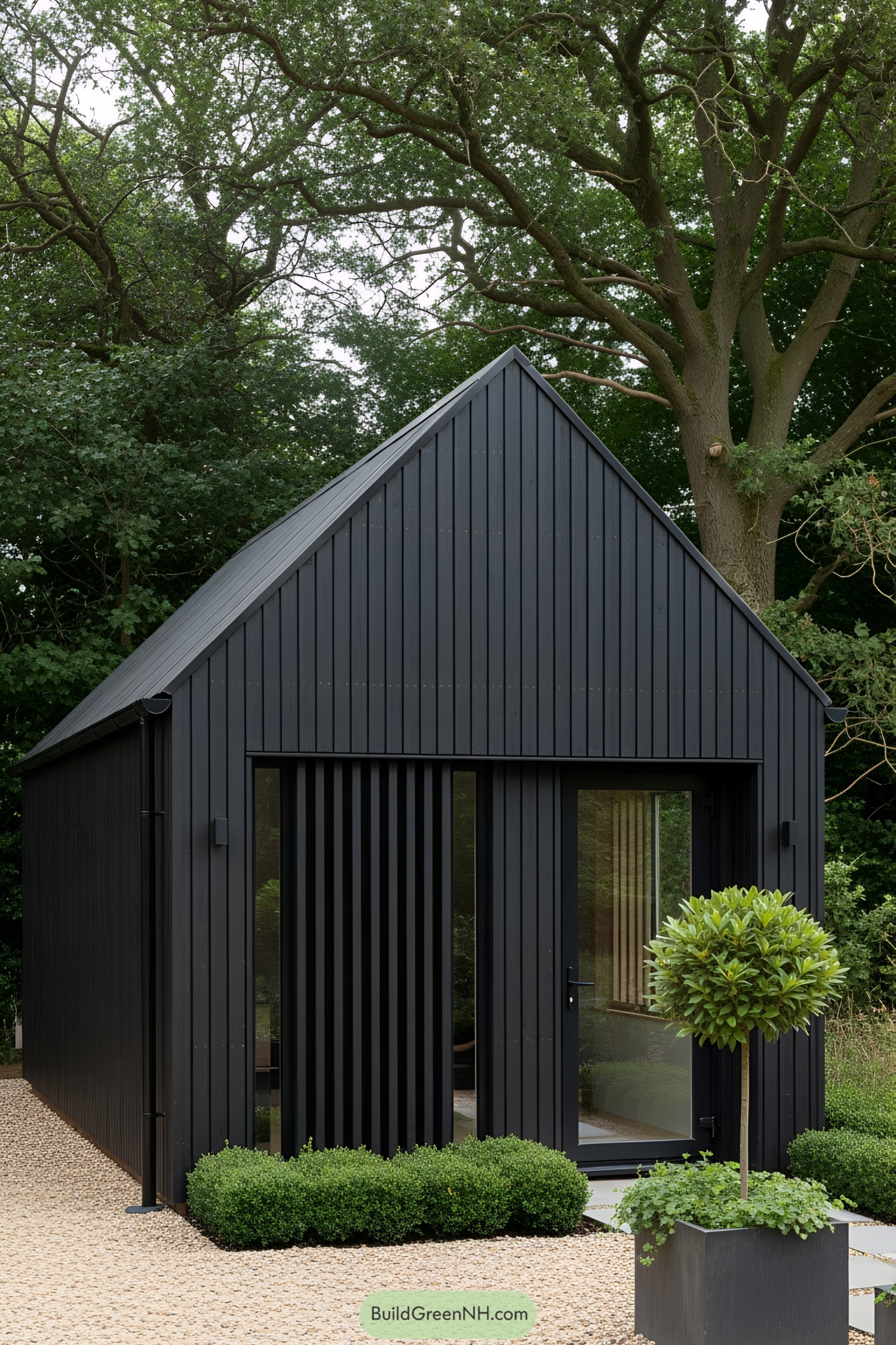 Sleek black shed nestled in greenery