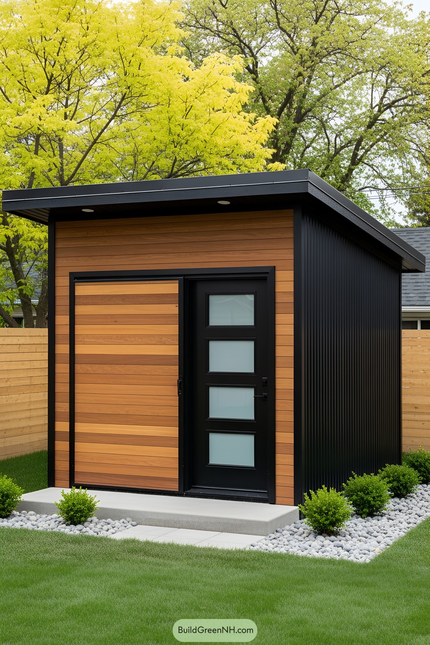 Stylish black and wood shed with a modern design