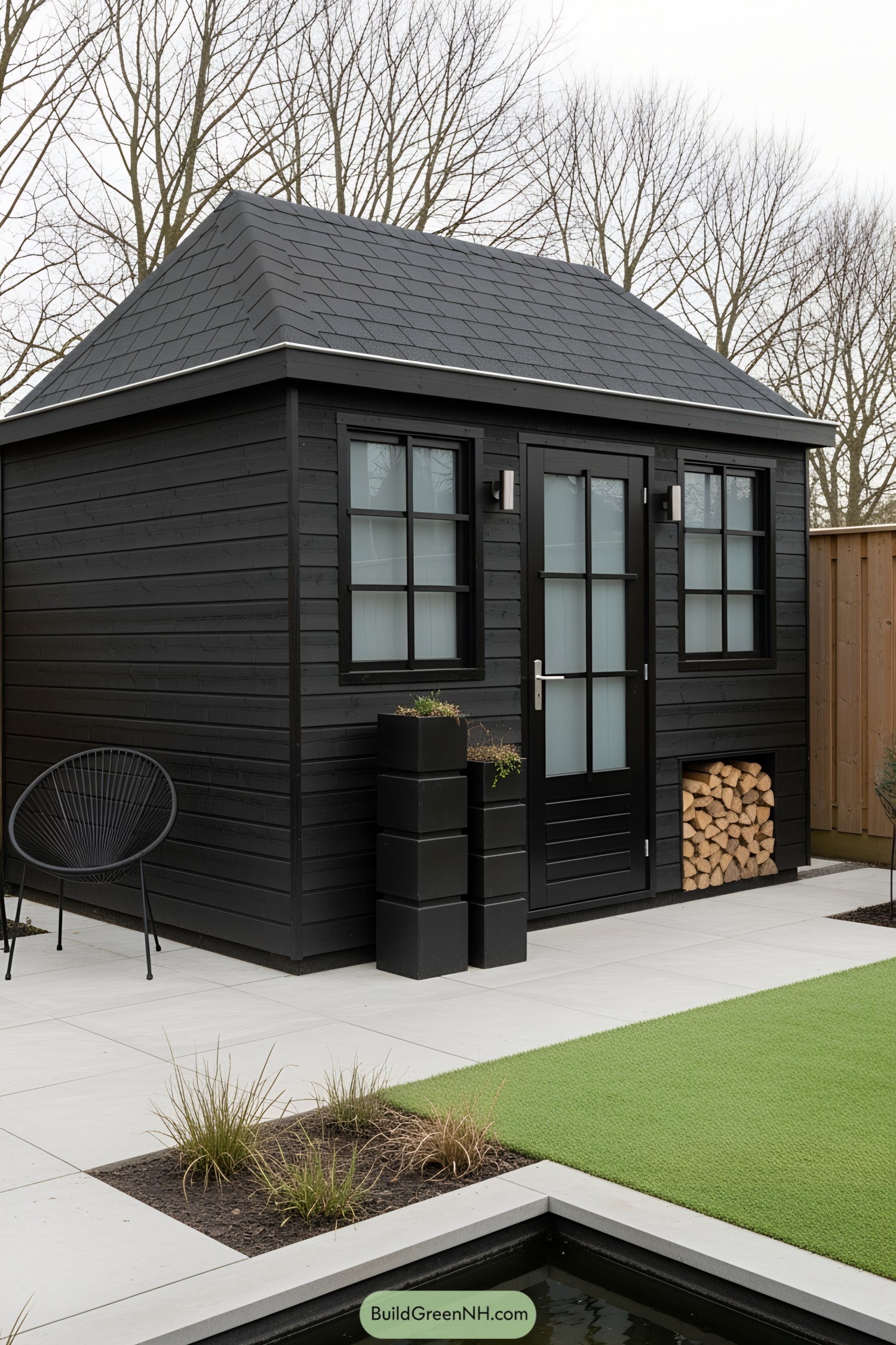Black shed with a modern design and neat landscaping