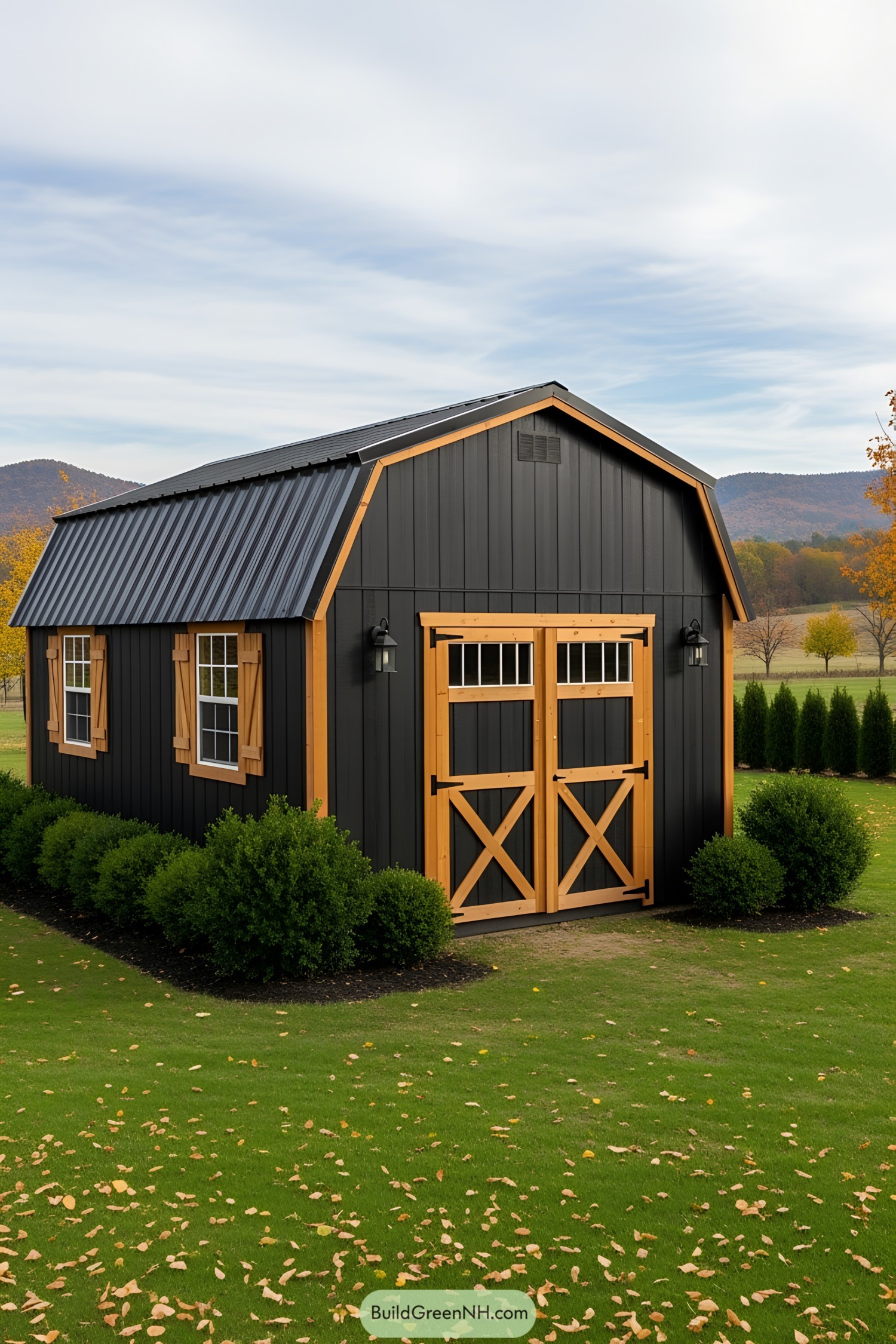 Black shed with natural wood accents and lush greenery