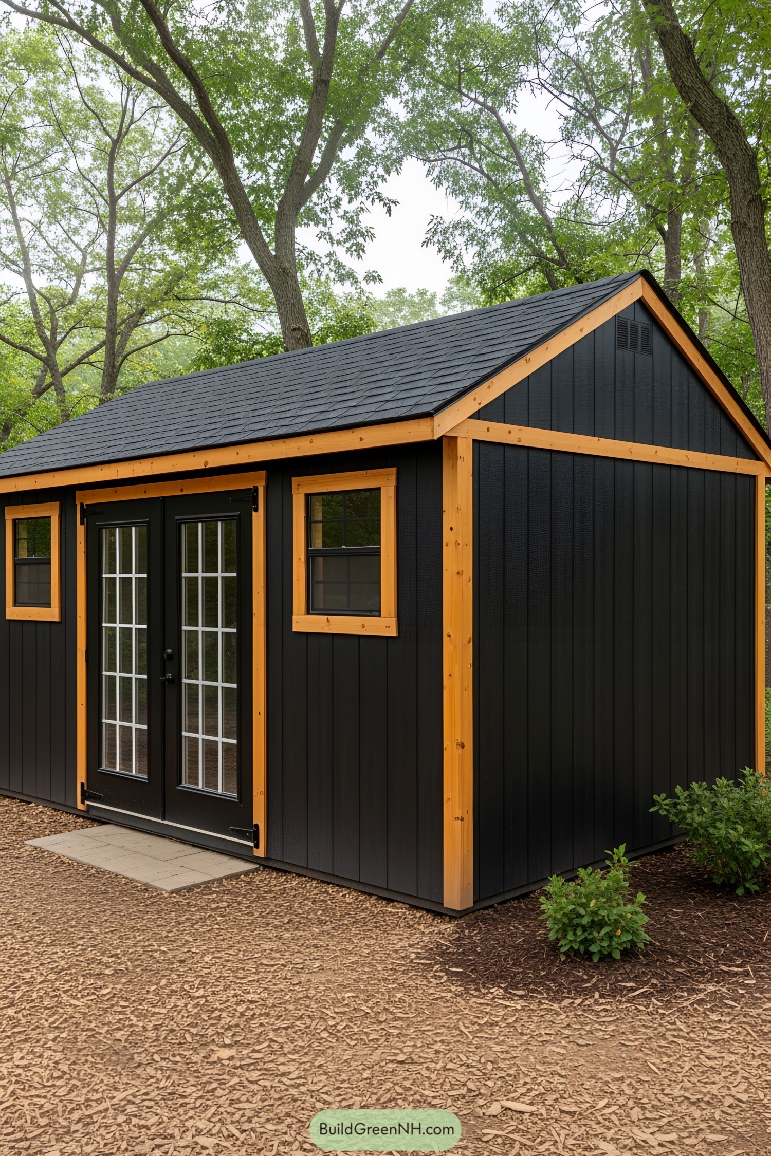 Small, dark shed with wooden accents surrounded by trees