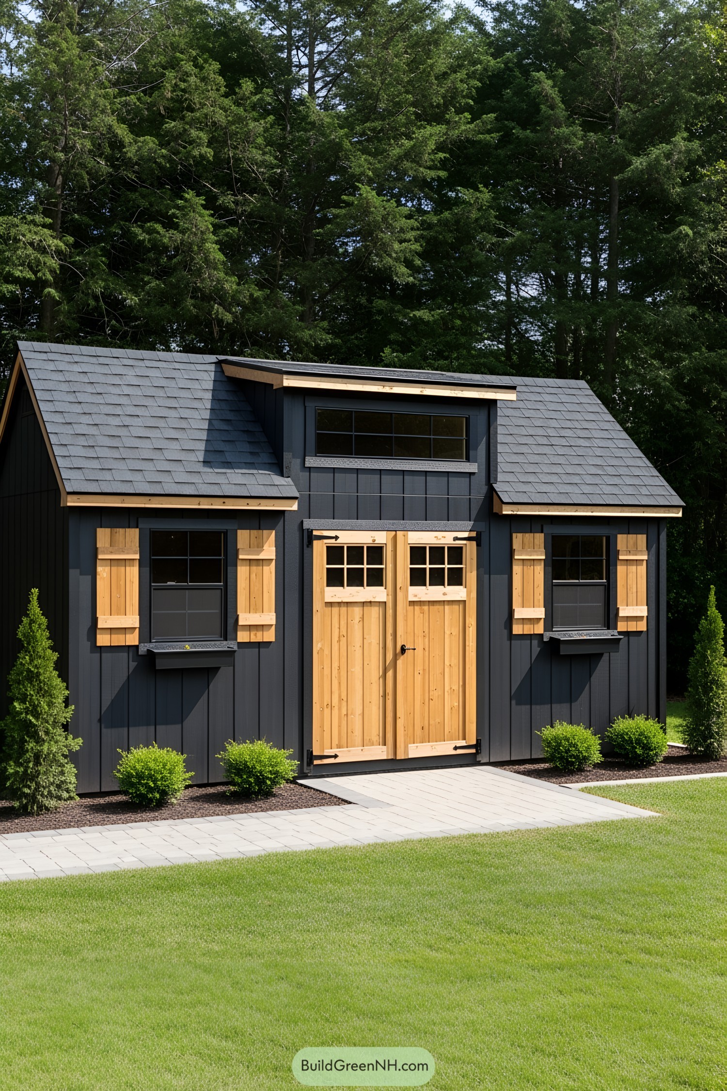 Sleek black shed with wooden accents