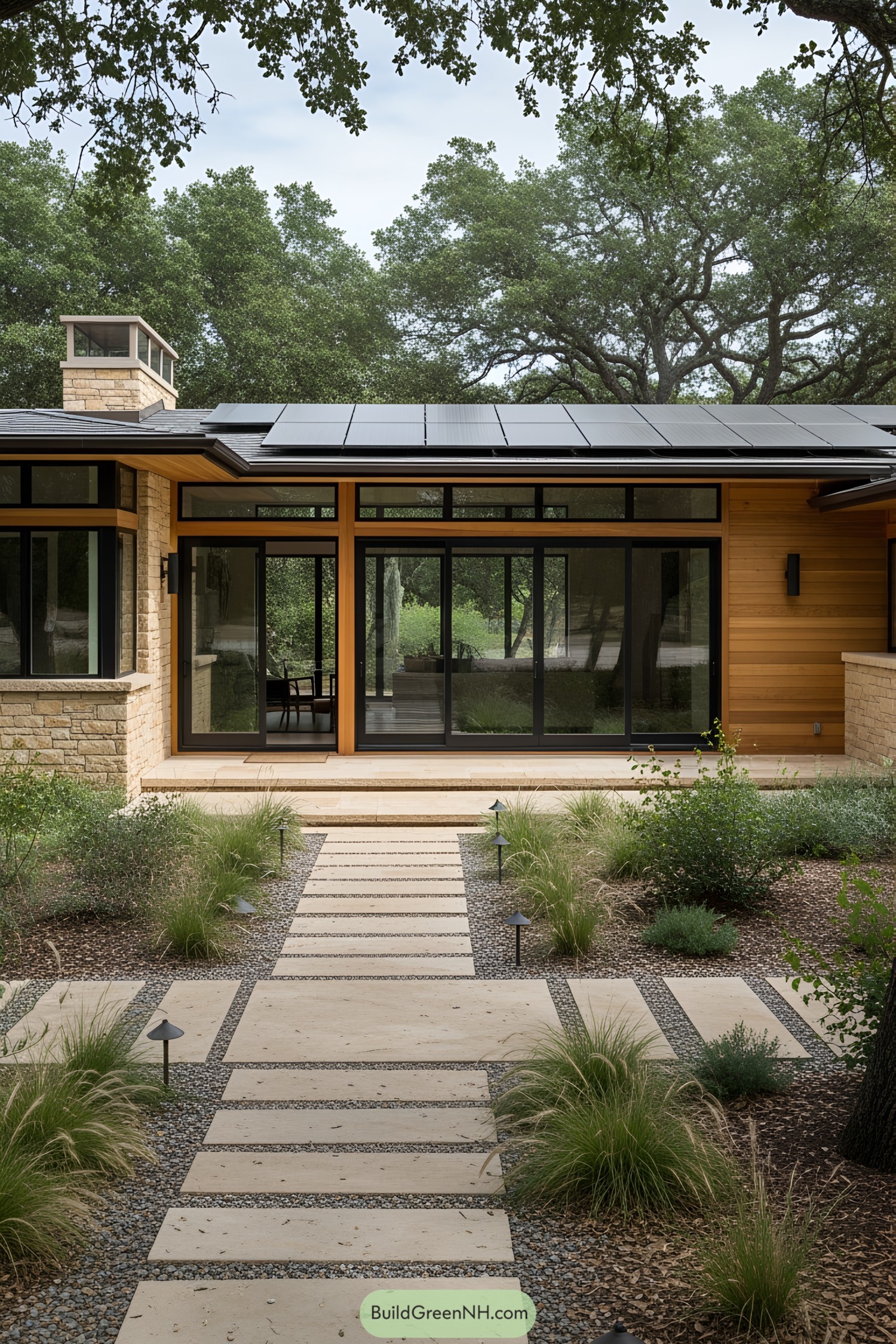 Modern ranch house with solar panels and a lush garden pathway