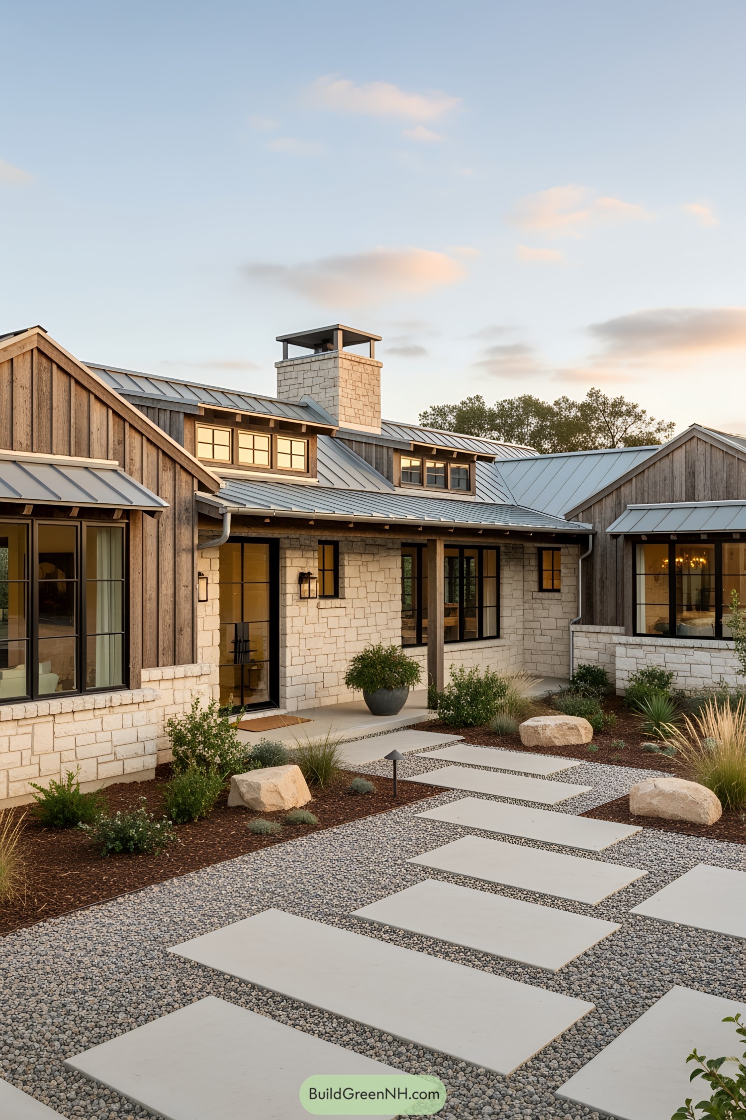 Modern ranch house with stone and wood facade