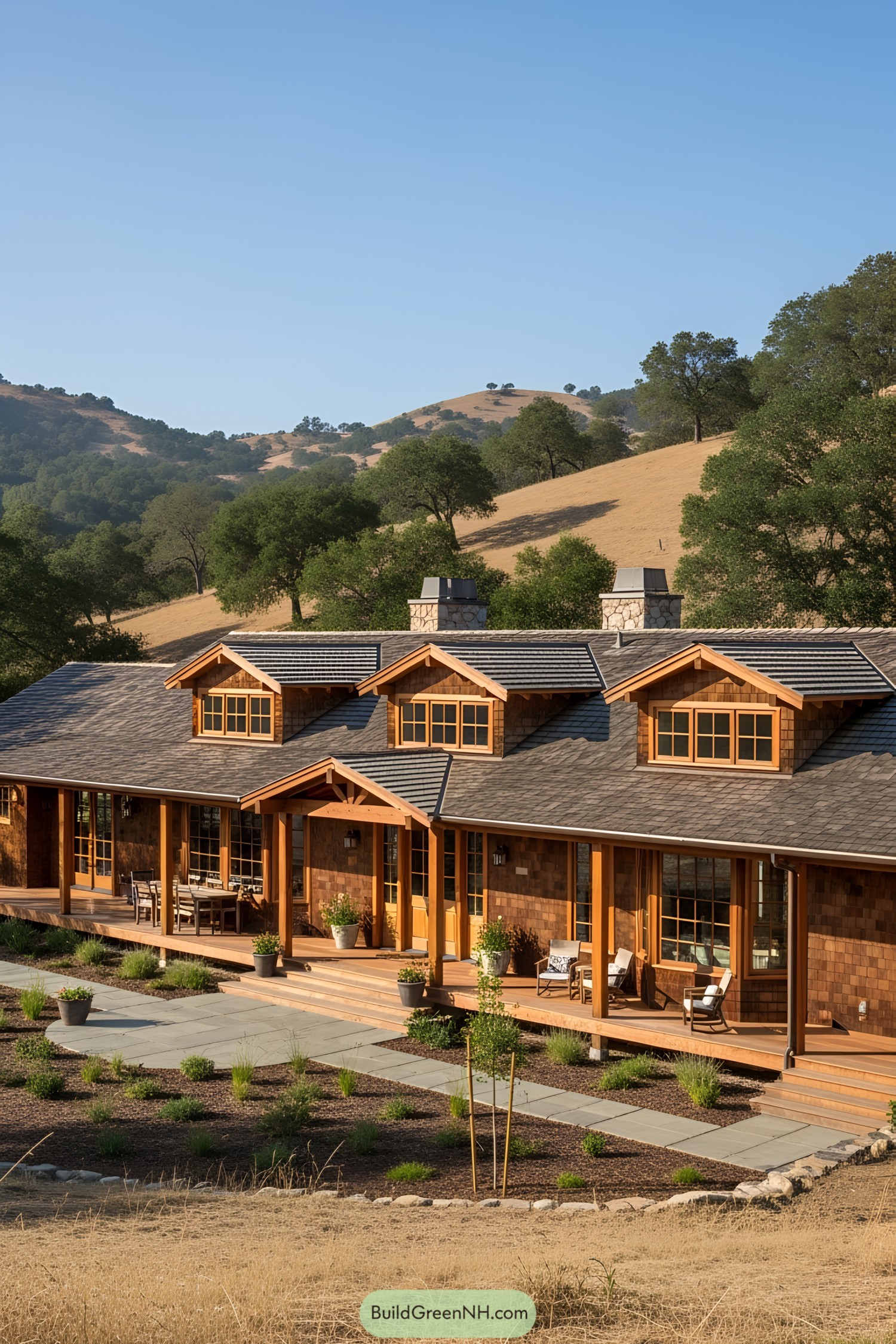 Wooden ranch house with a wraparound porch in a hilly landscape