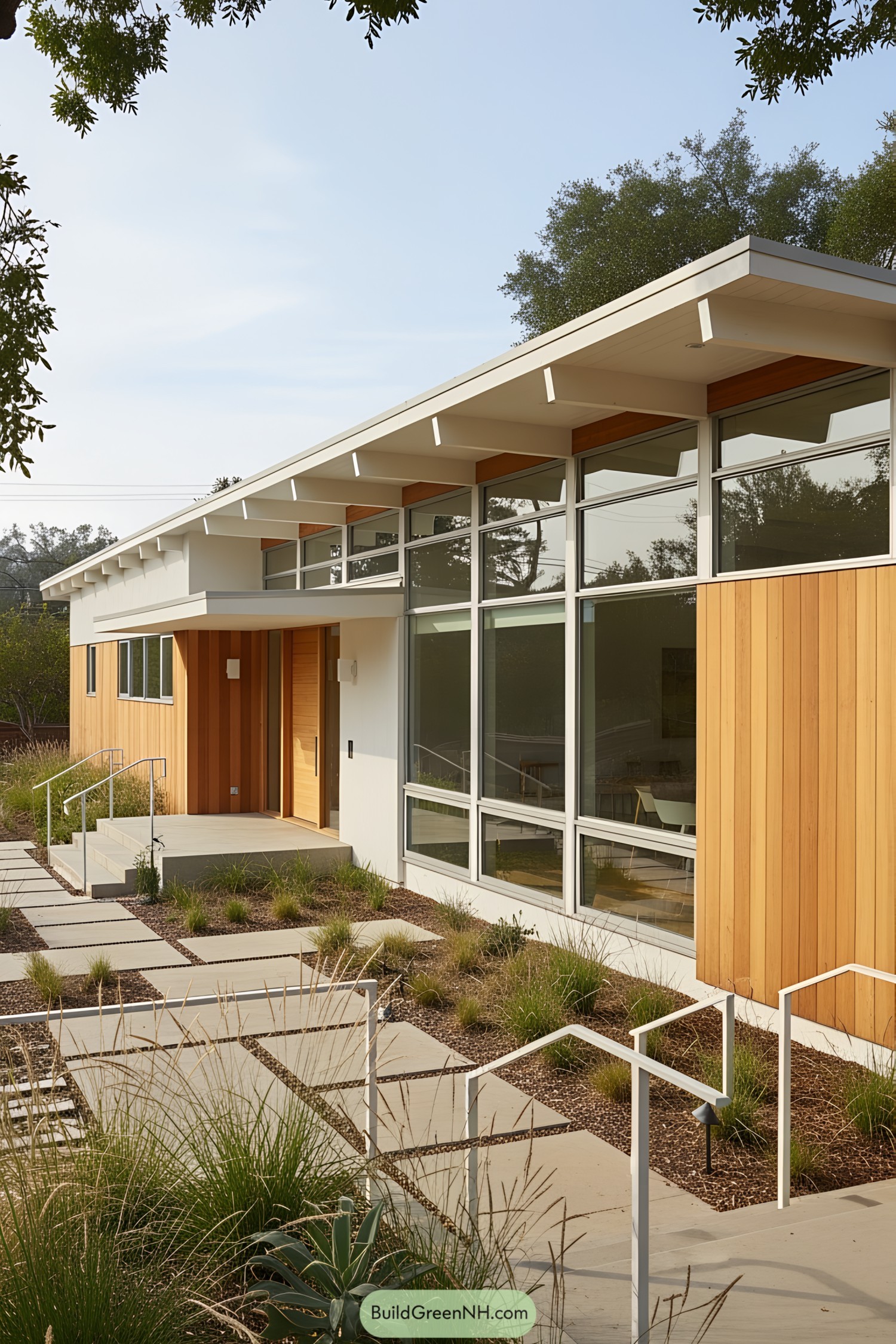 Modern ranch house with large windows, wooden accents, and a sleek pathway