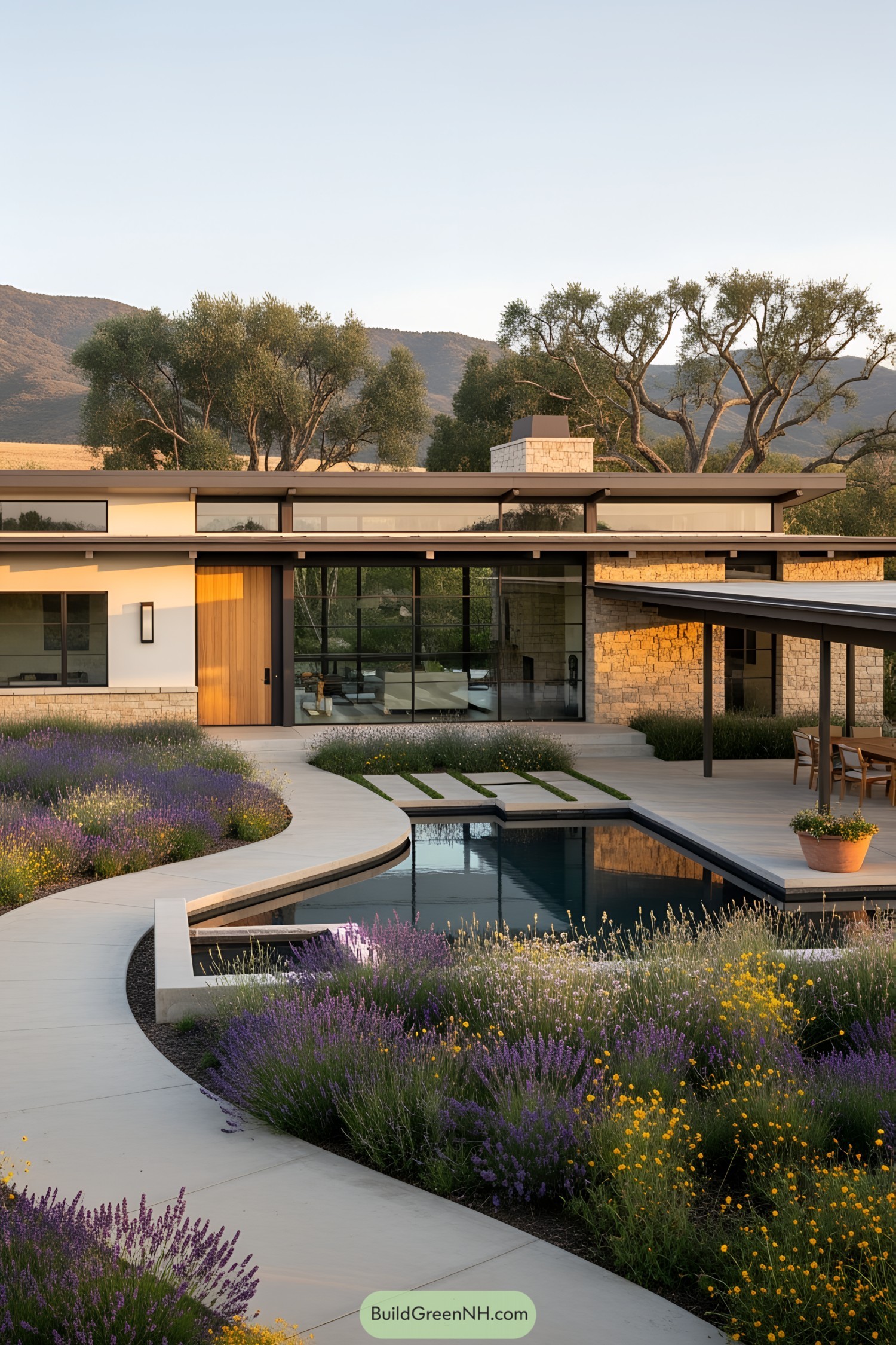 Modern ranch house with sleek lines, lavender garden, and a reflecting pool