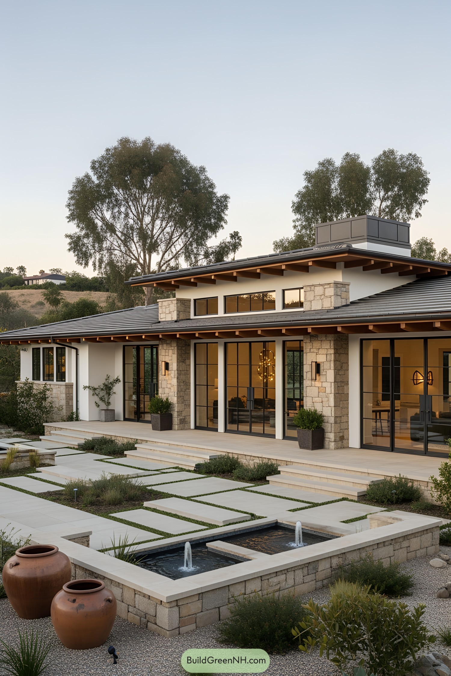 Modern ranch house with stone facade and water features