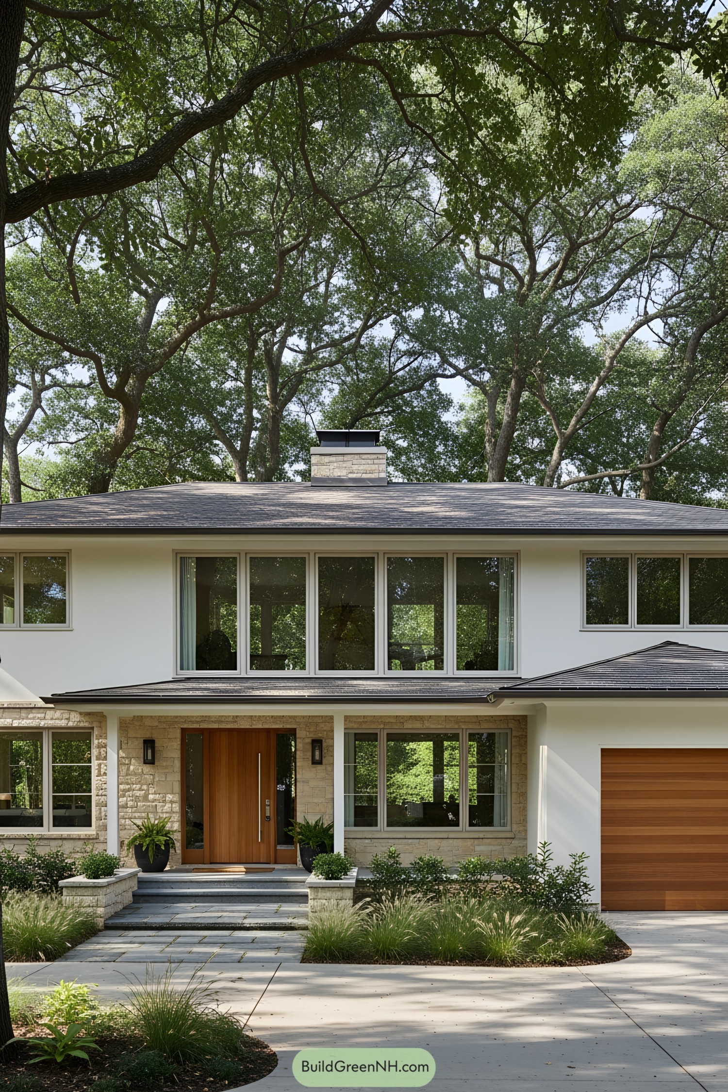 Modern ranch house amidst towering trees
