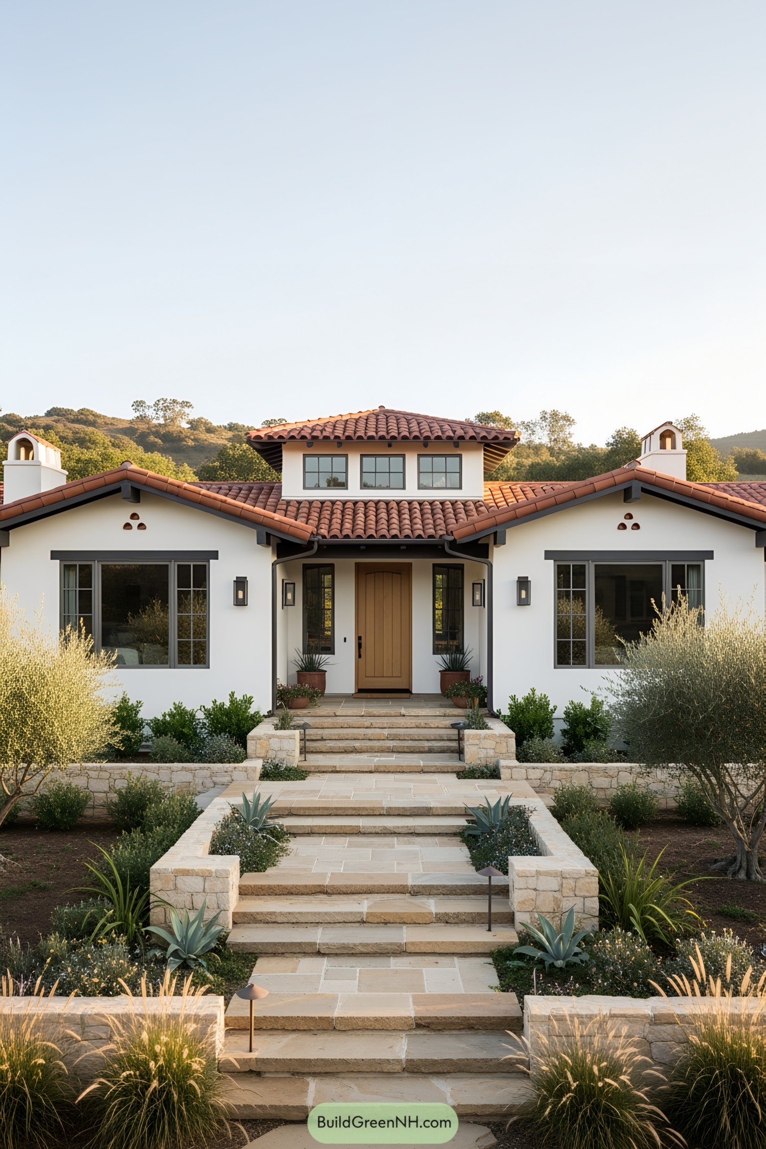 A ranch house with a terracotta roof and lush garden pathway