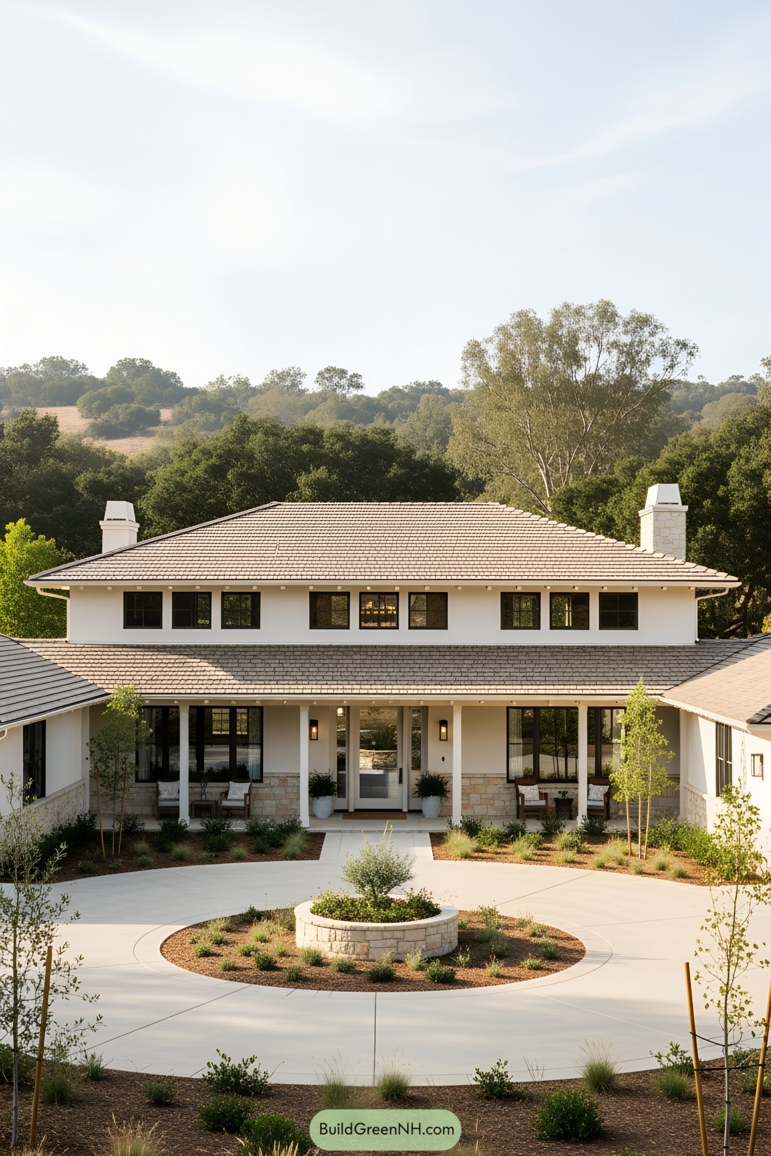 Elegant two-story ranch house with a circular driveway