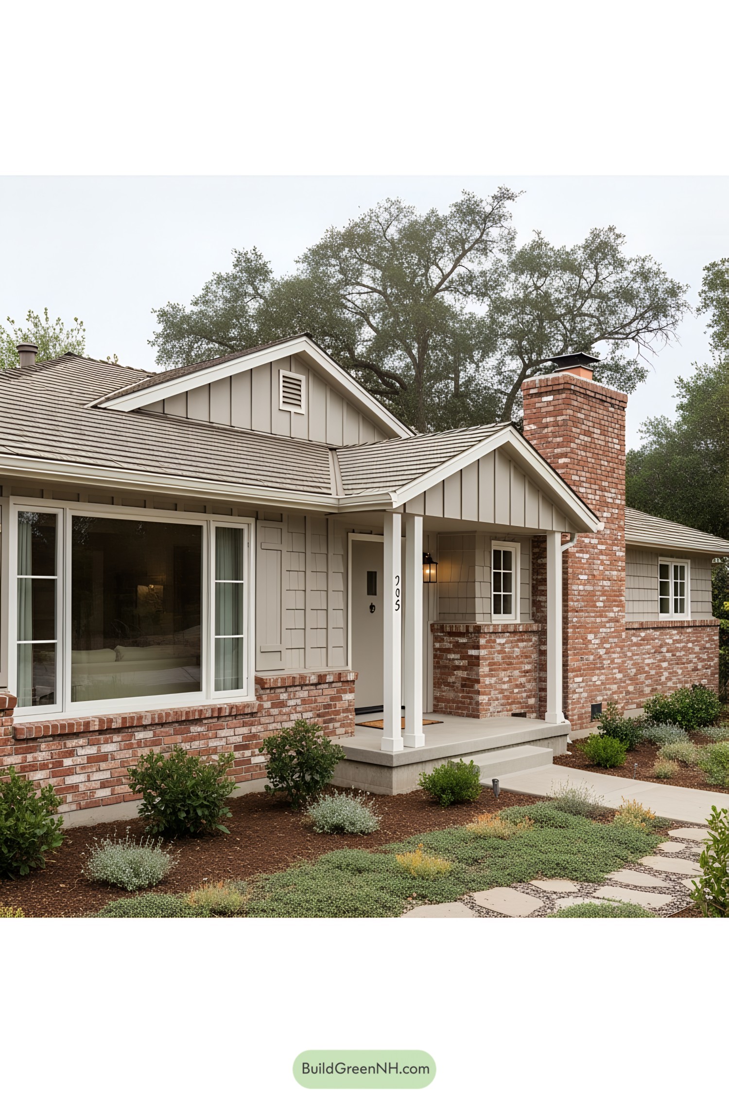 Single-story ranch house with brick and siding exterior